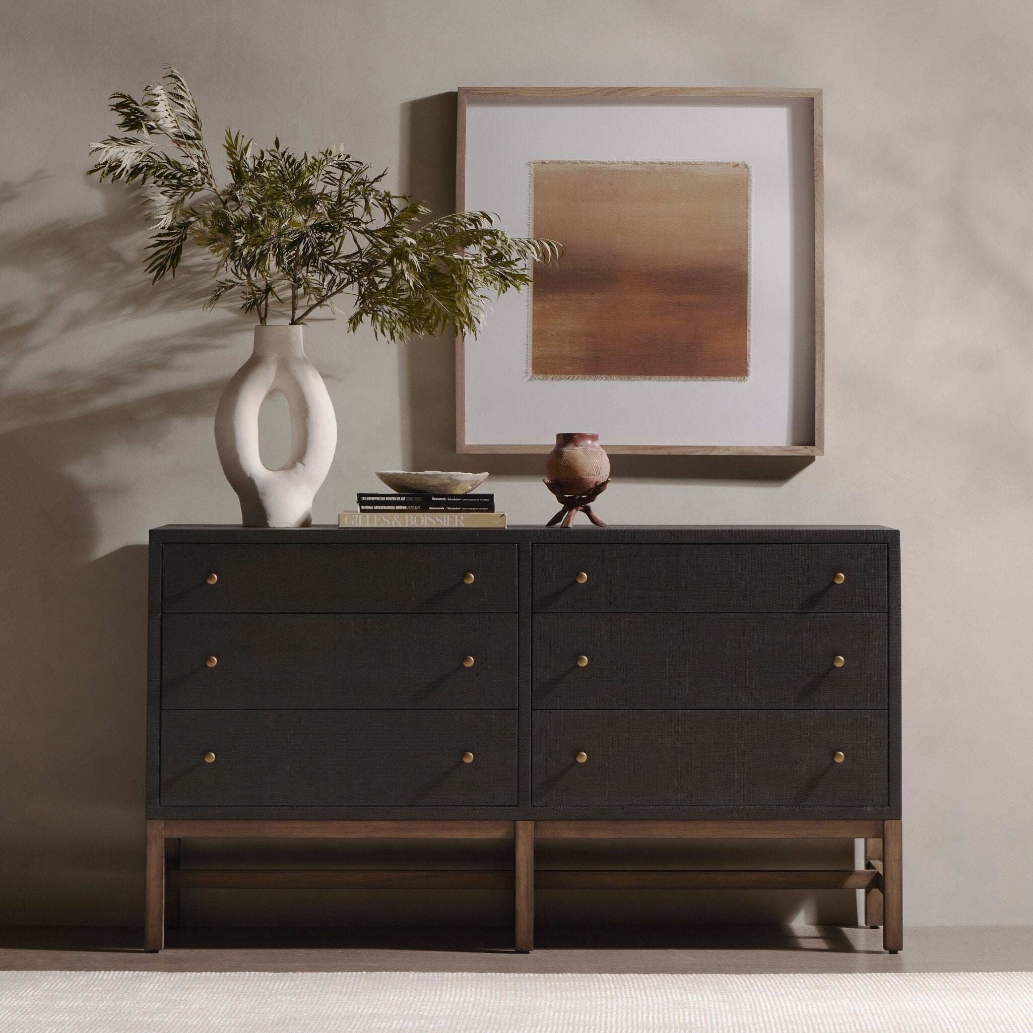 Four Hands Fiona 6 Drawer Dresser — Black Raffia-Russet Mahogany-Light Antique Brass