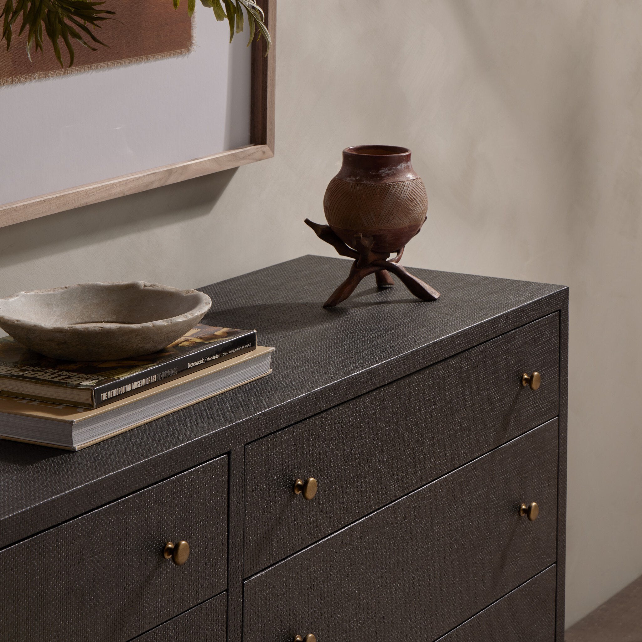 Four Hands Fiona 6 Drawer Dresser — Black Raffia-Russet Mahogany-Light Antique Brass
