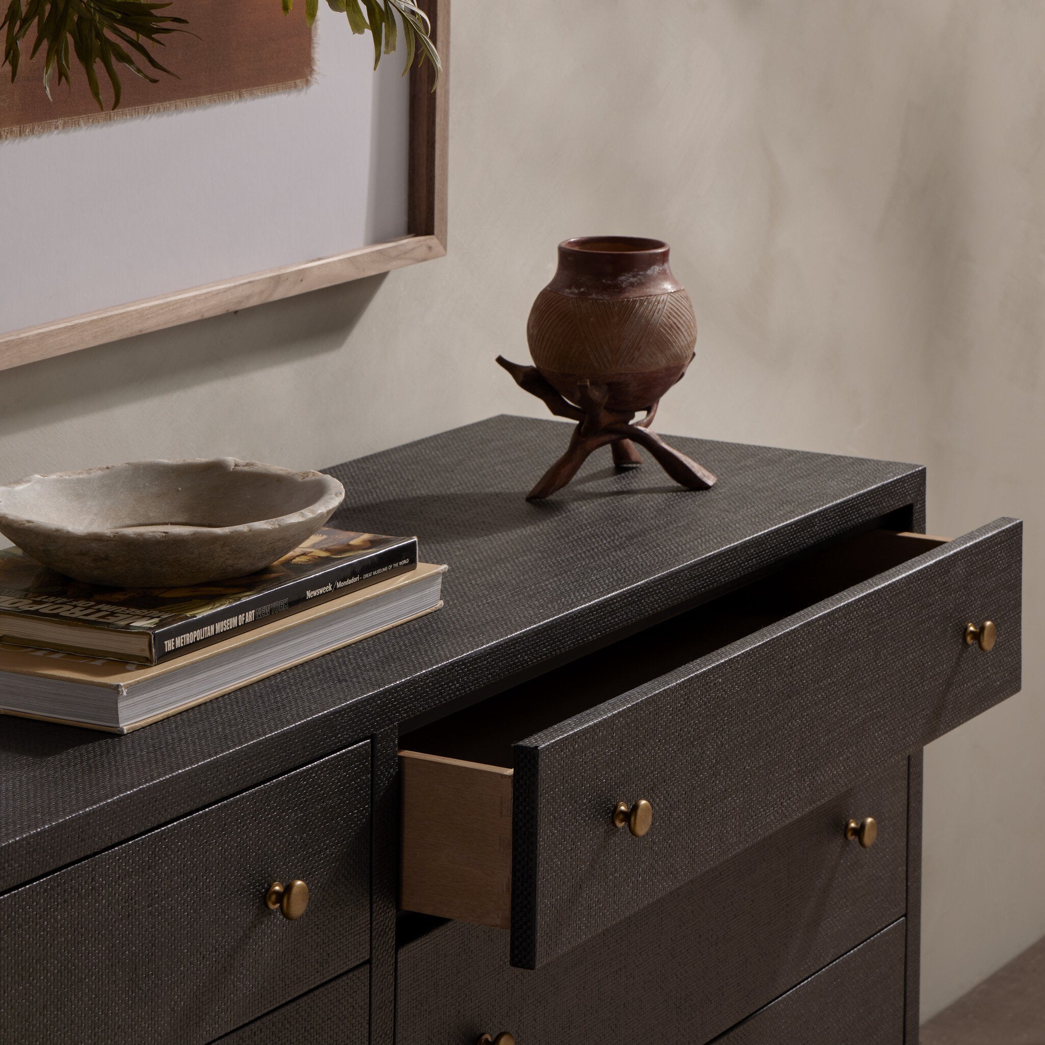 Four Hands Fiona 6 Drawer Dresser — Black Raffia-Russet Mahogany-Light Antique Brass