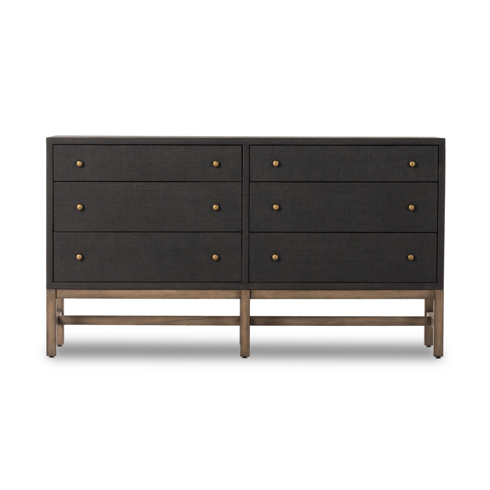 Four Hands Fiona 6 Drawer Dresser — Black Raffia-Russet Mahogany-Light Antique Brass