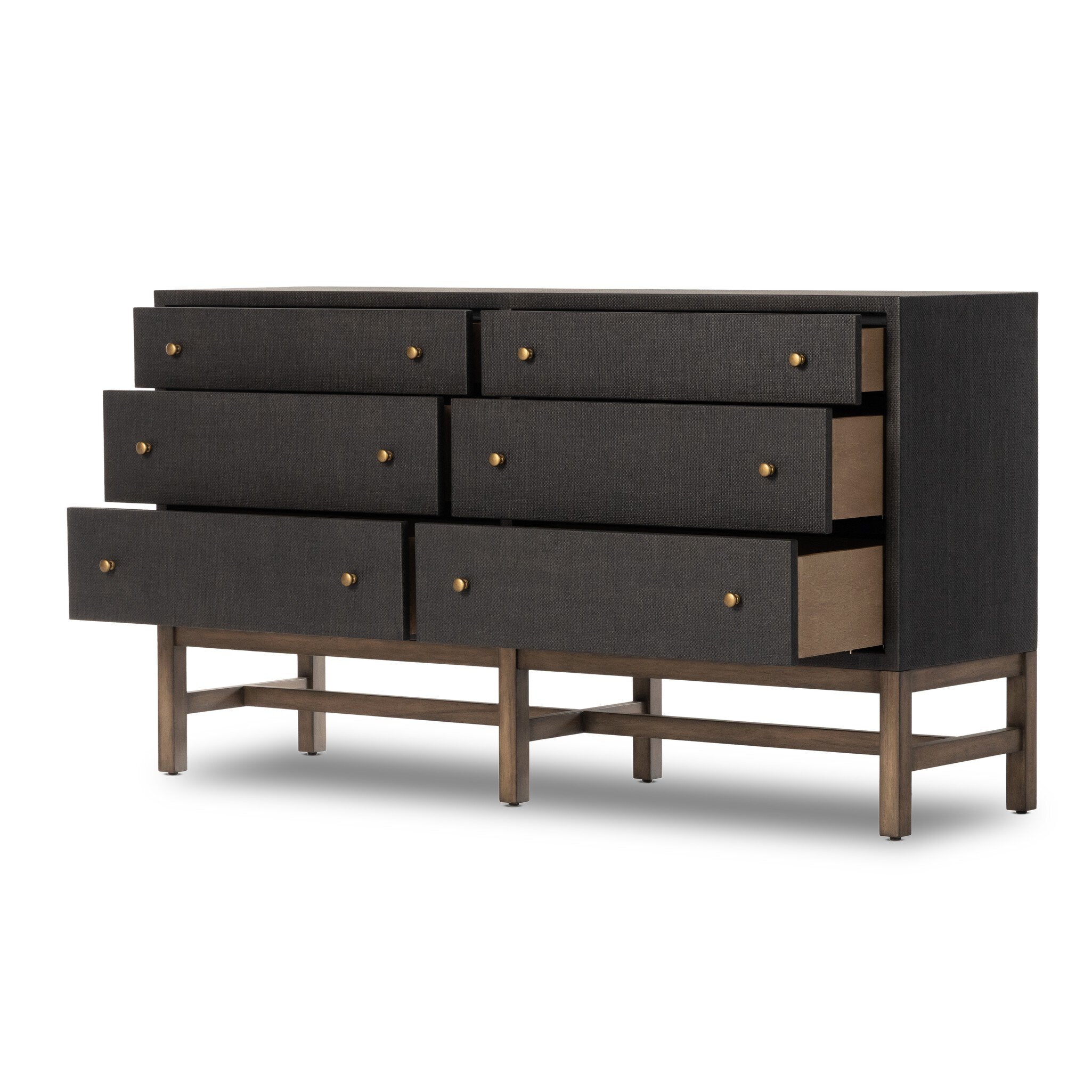 Four Hands Fiona 6 Drawer Dresser — Black Raffia-Russet Mahogany-Light Antique Brass