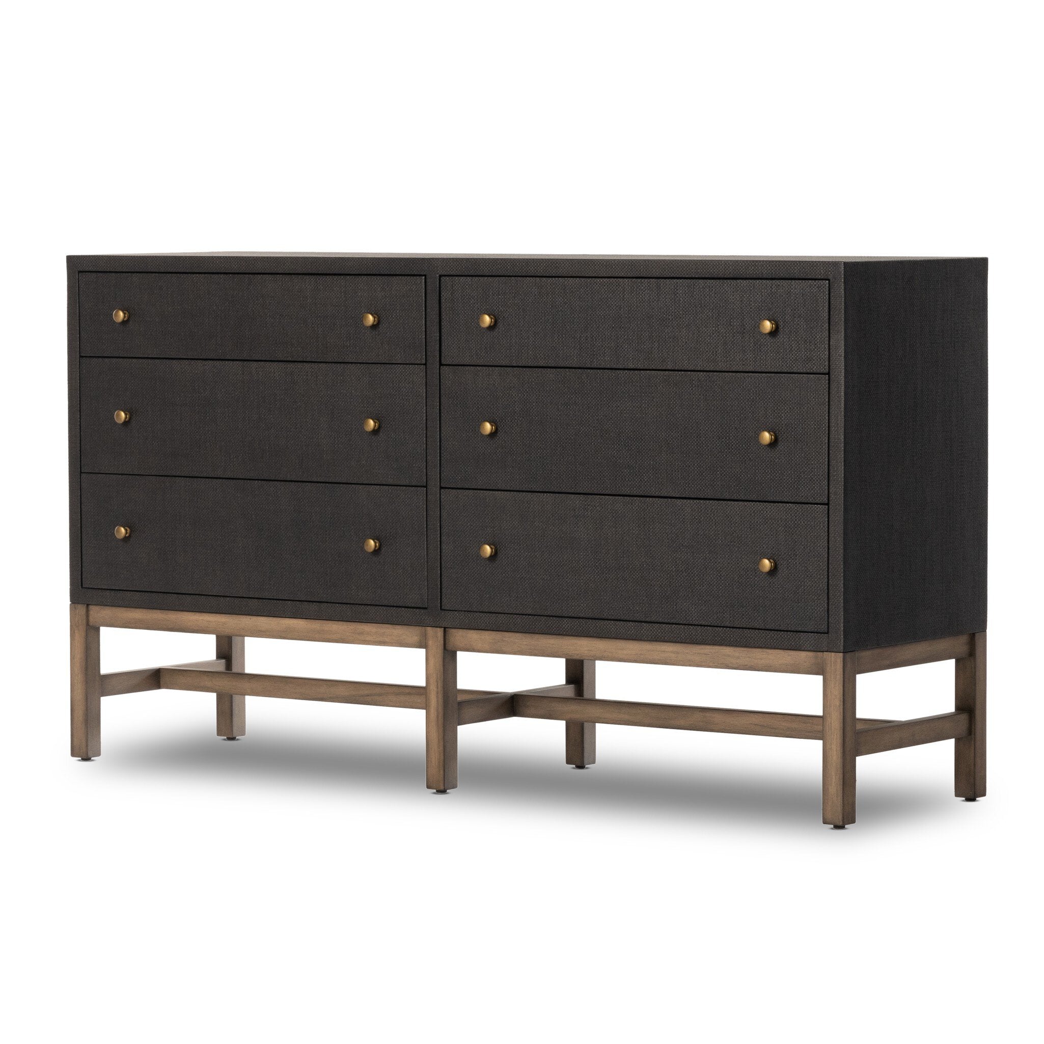 Four Hands Fiona 6 Drawer Dresser — Black Raffia-Russet Mahogany-Light Antique Brass