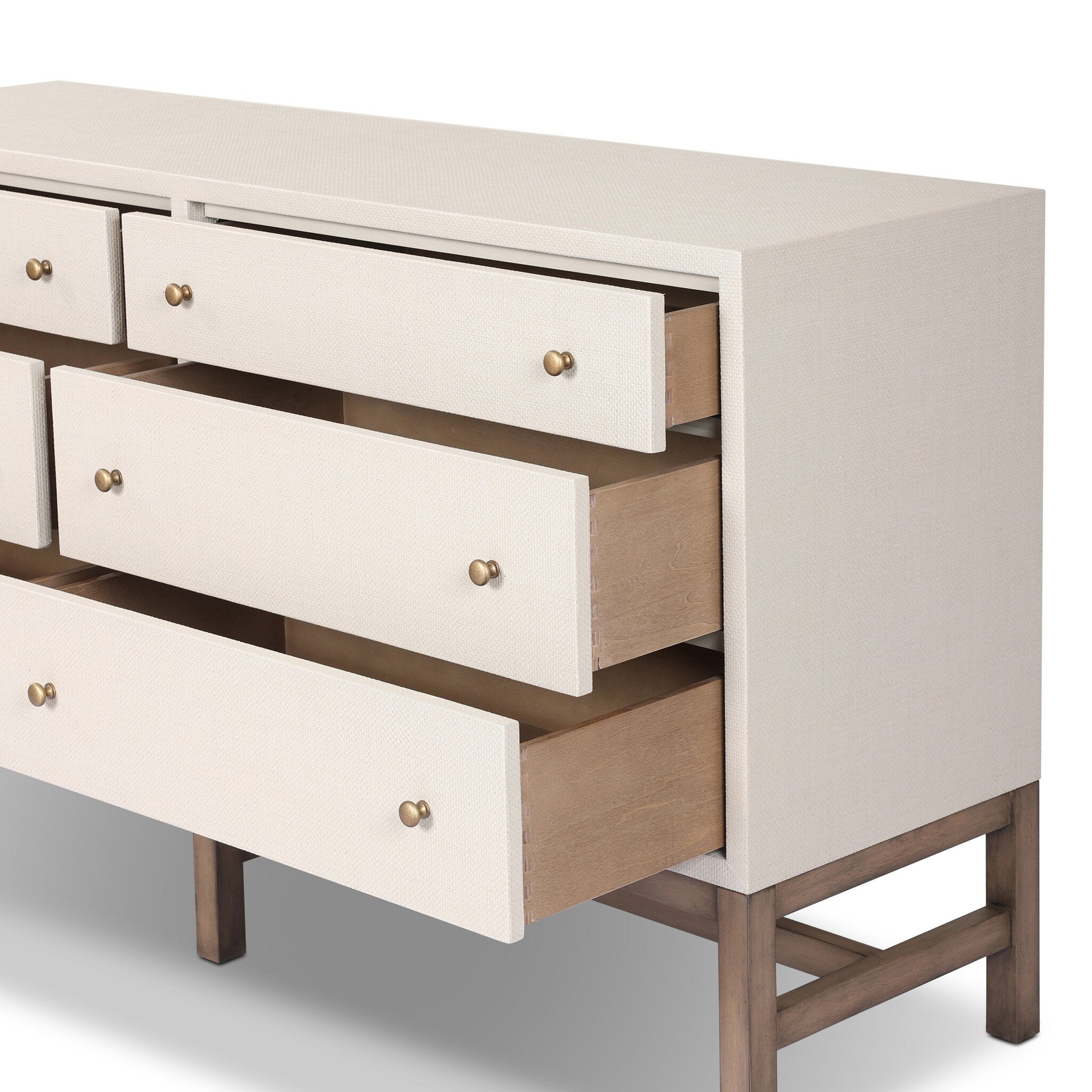 Four Hands Fiona 6 Drawer Dresser — Ivory Painted Raffia-Russet Mahogany-Light Antique Brass