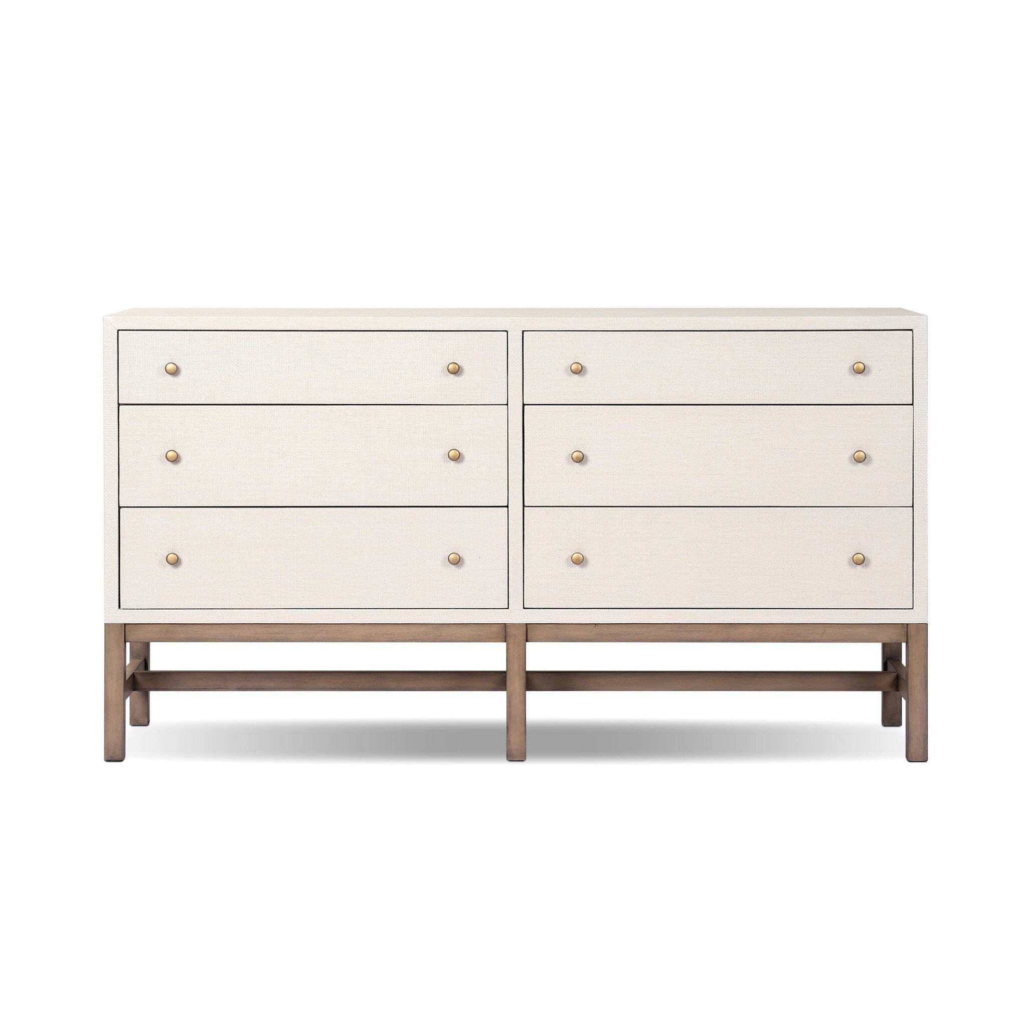 Four Hands Fiona 6 Drawer Dresser — Ivory Painted Raffia-Russet Mahogany-Light Antique Brass
