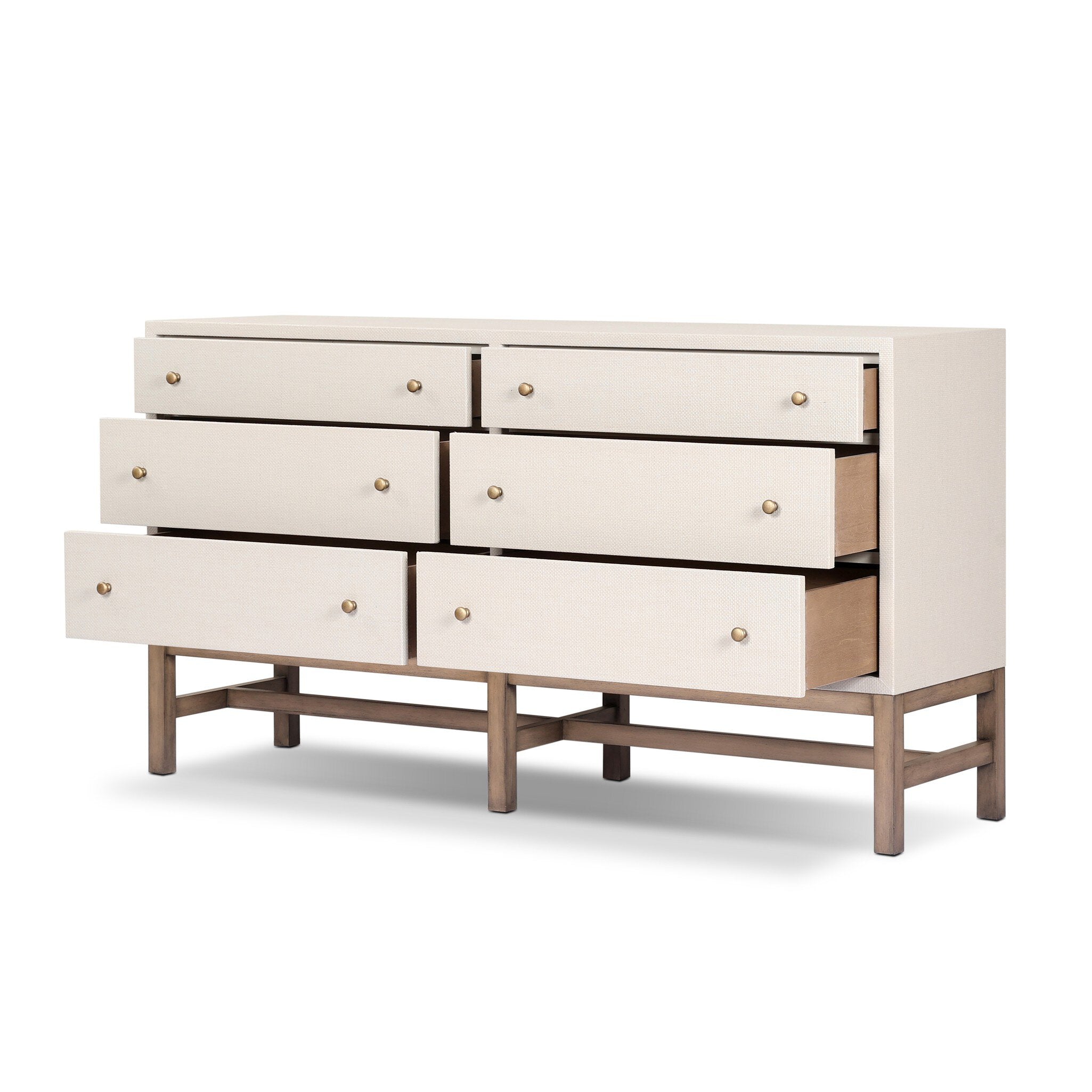 Four Hands Fiona 6 Drawer Dresser — Ivory Painted Raffia-Russet Mahogany-Light Antique Brass