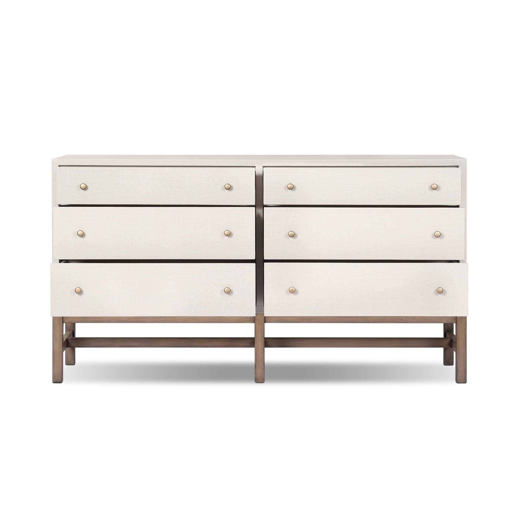 Four Hands Fiona 6 Drawer Dresser — Ivory Painted Raffia-Russet Mahogany-Light Antique Brass