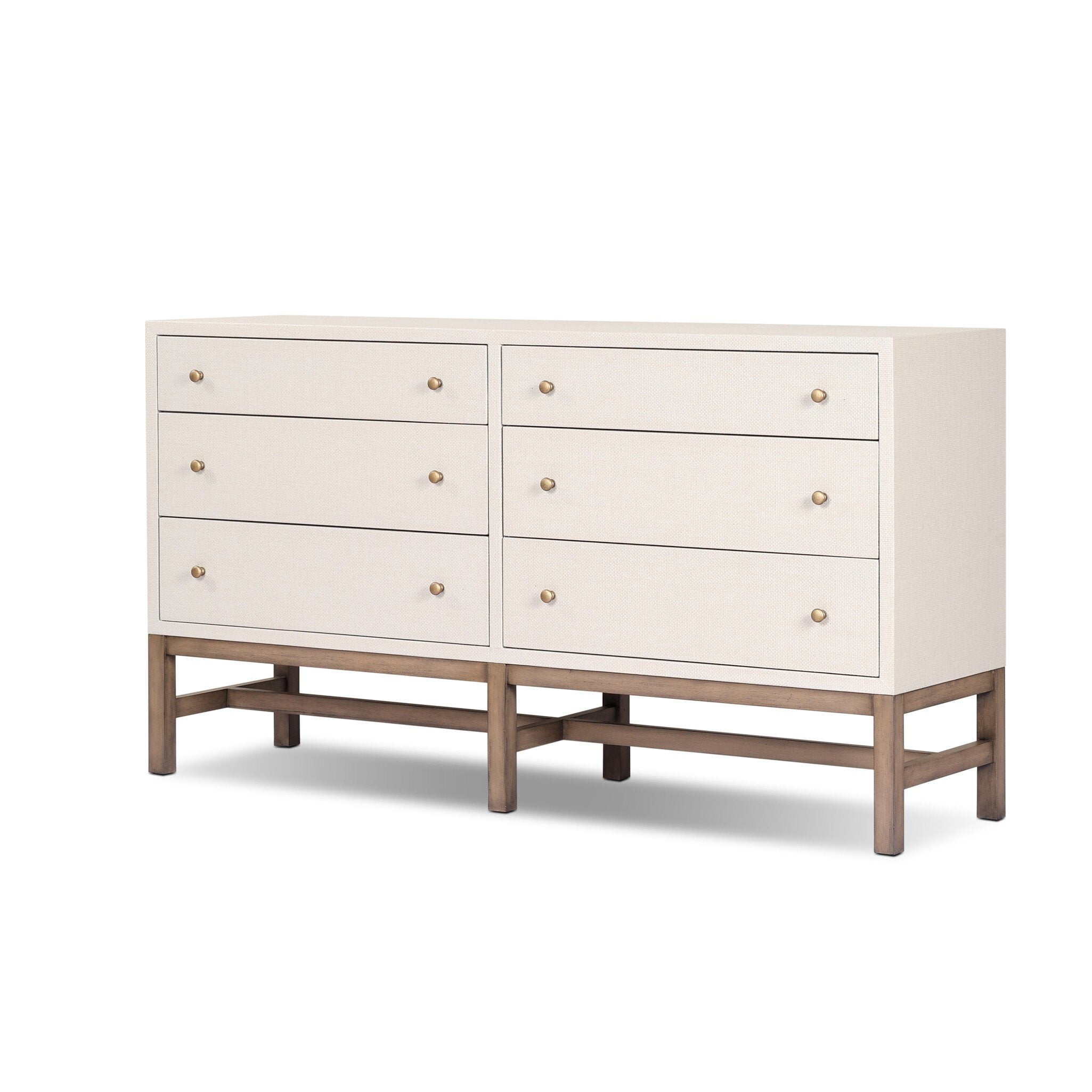 Four Hands Fiona 6 Drawer Dresser — Ivory Painted Raffia-Russet Mahogany-Light Antique Brass