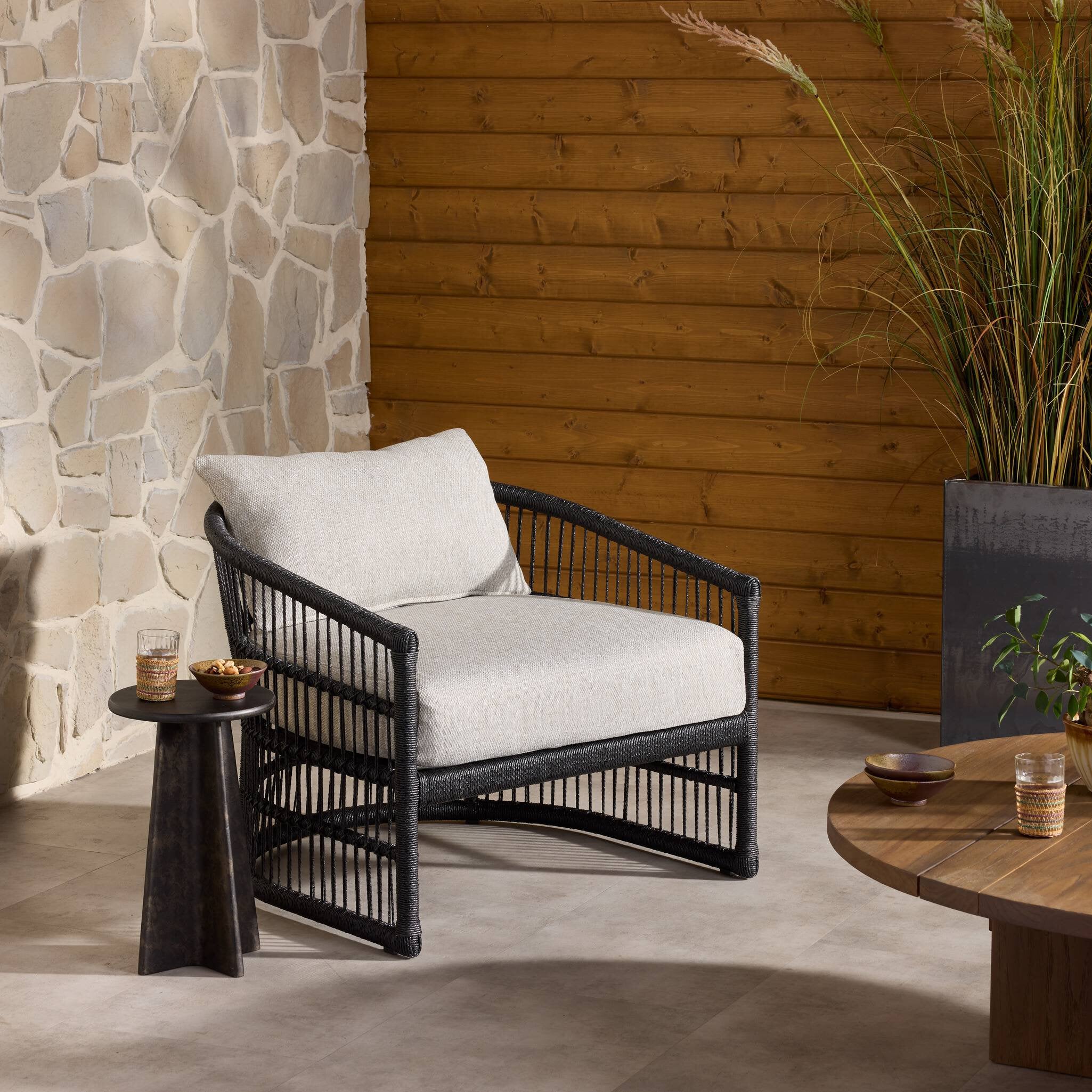 Four Hands Montecito Outdoor Chair — Faux Black Hyacinth-Concha Fog