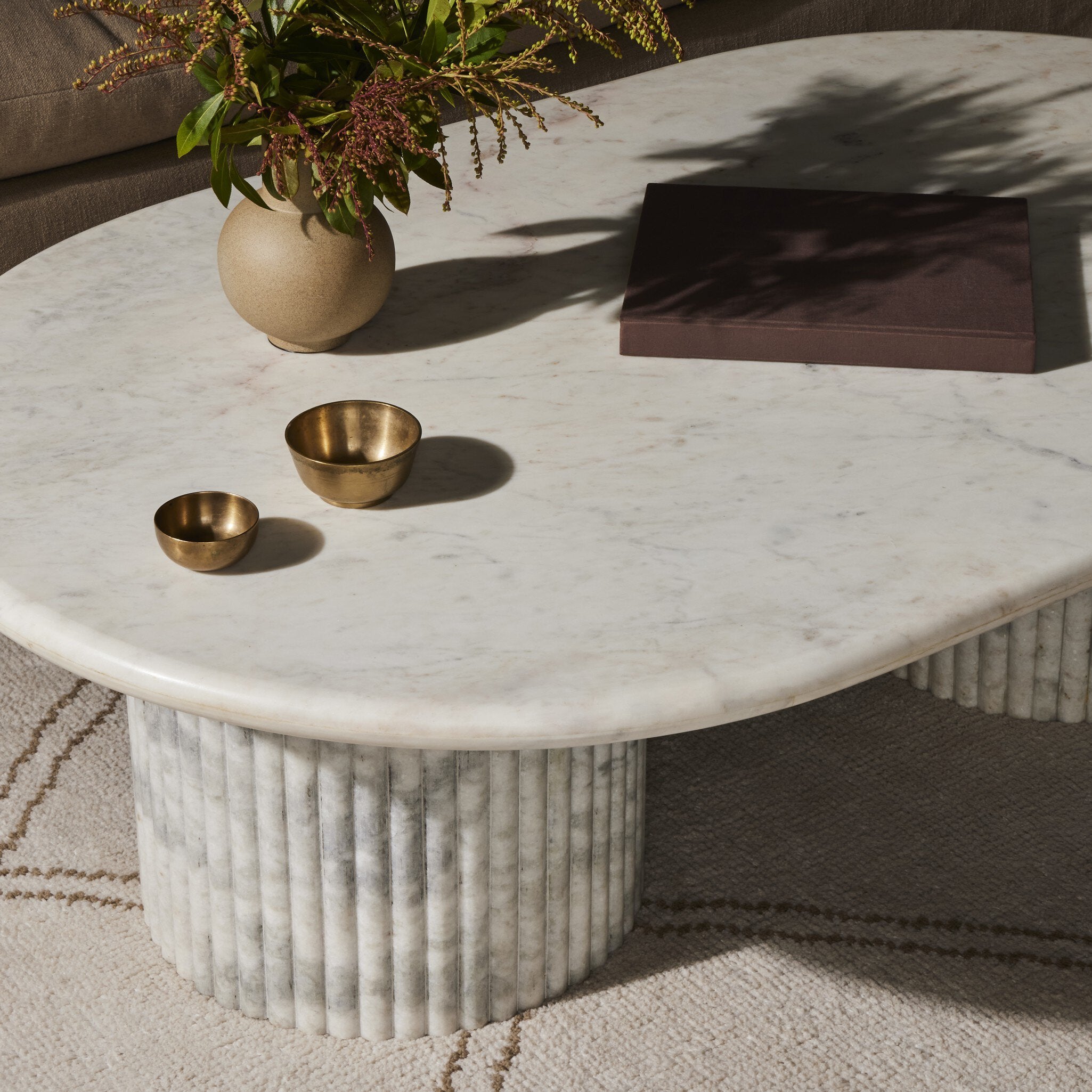 Four Hands Oranda Coffee Table — Polished White Marble w/ Sealant-White Scalloped Marble