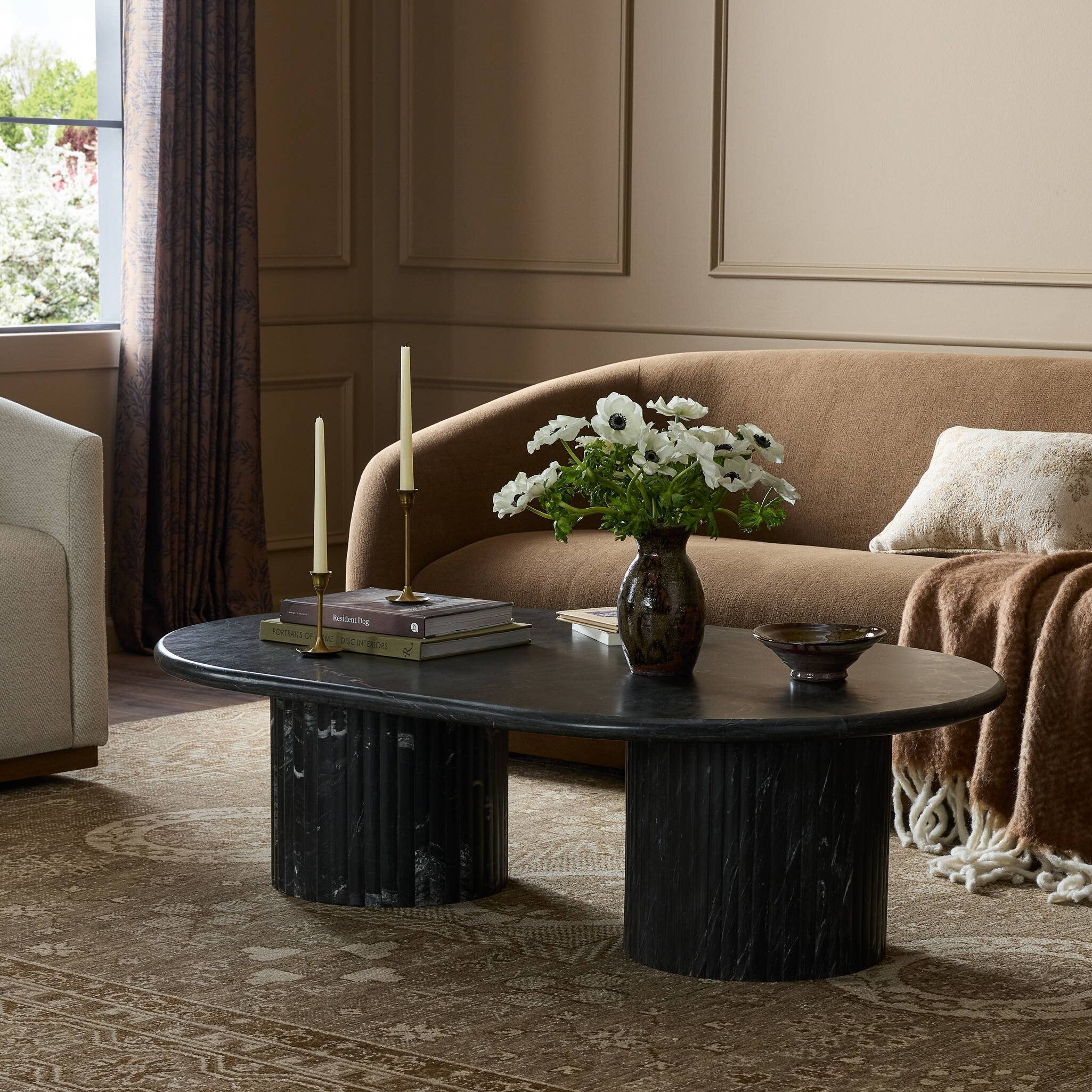 Four Hands Oranda Coffee Table — Black Marble-Black Scalloped Marble