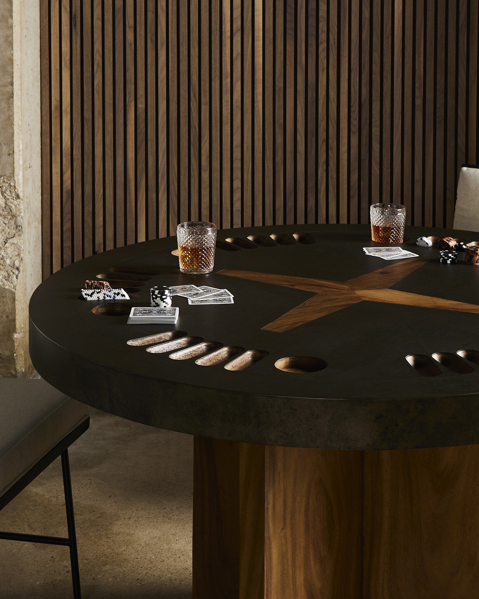 Four Hands Poker Table — Natural Brown Guanacaste-Aged Metal