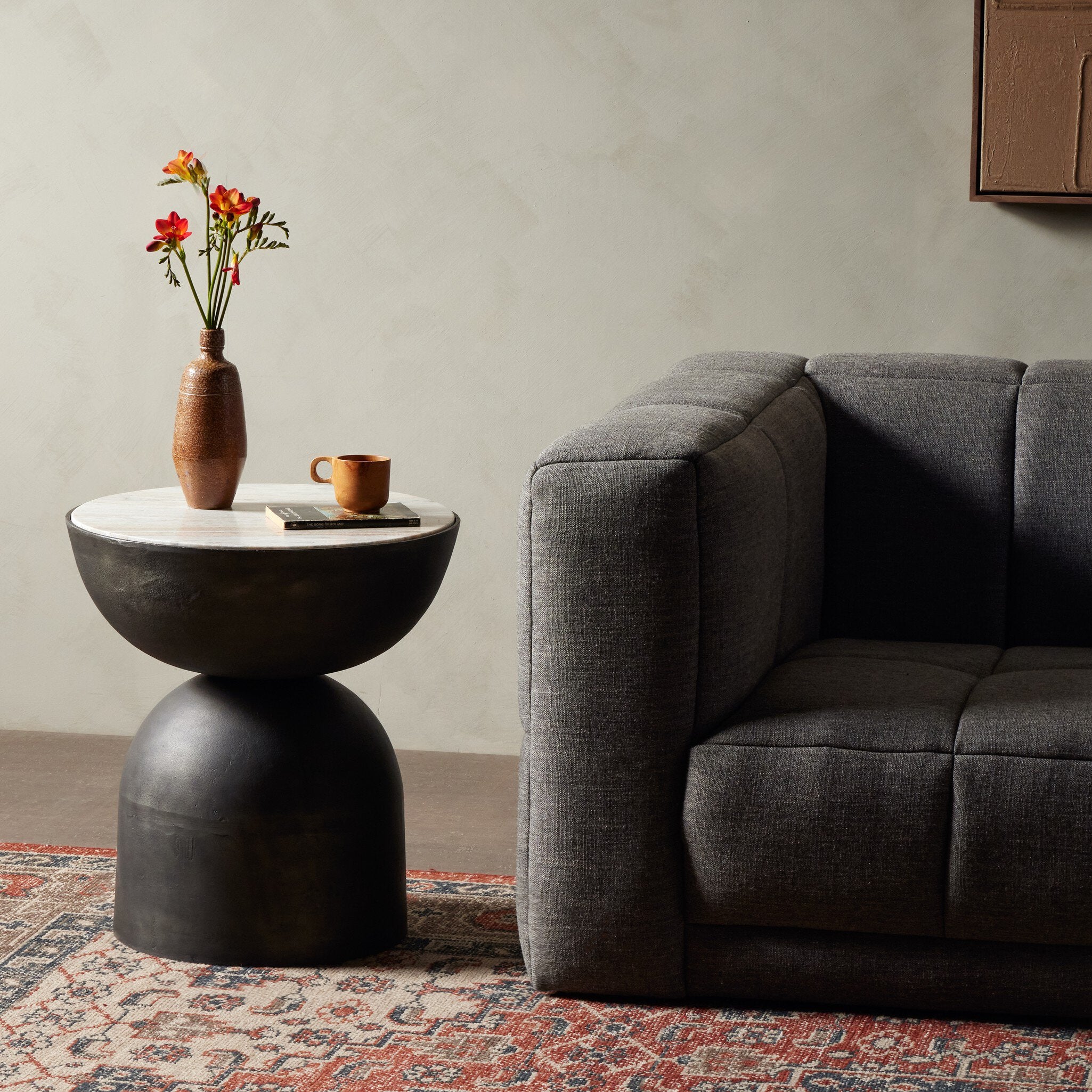 Four Hands Corbett End Table — Creamy Taupe Marble-Hammered Grey