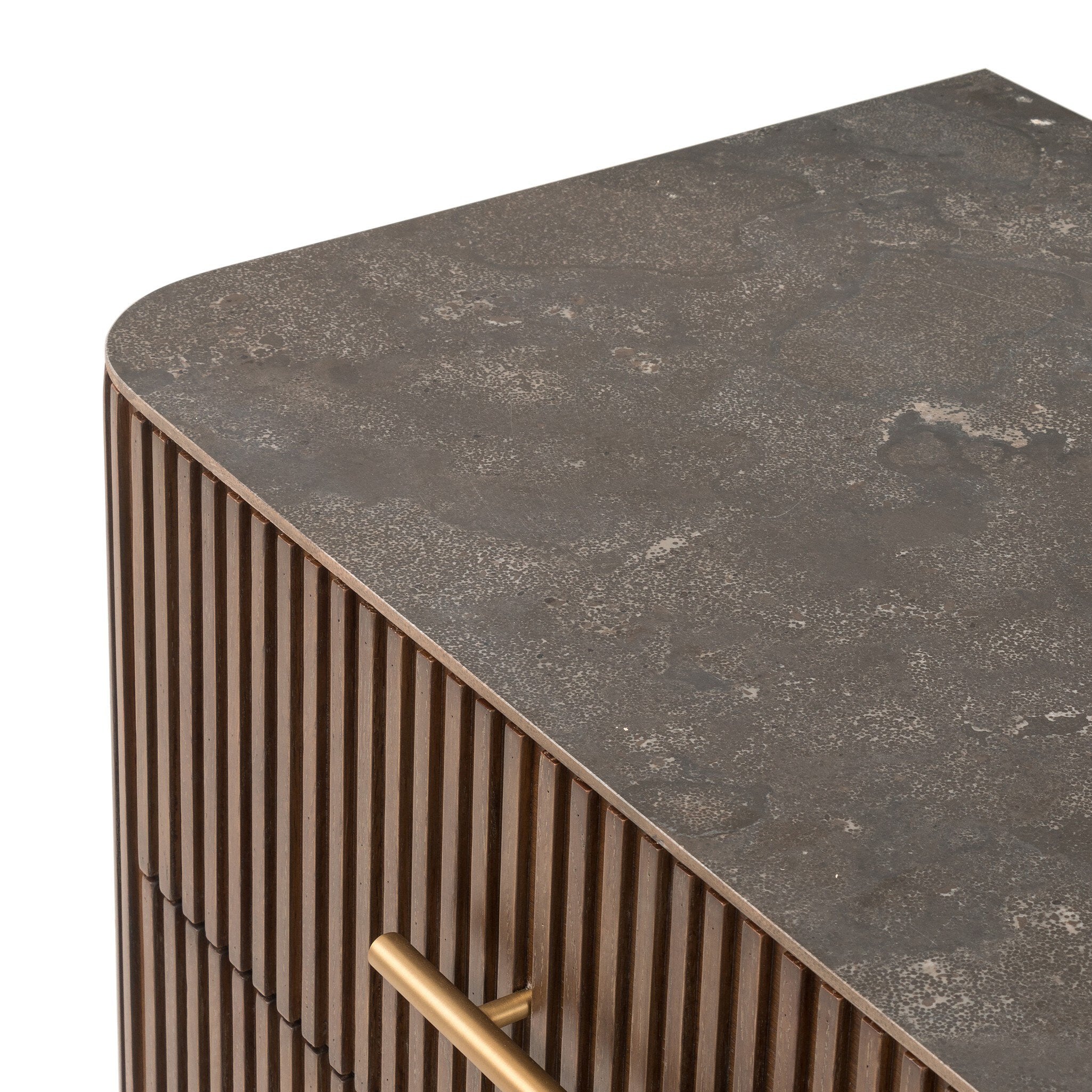 Four Hands Fletcher Large Nightstand — Terra Brown Oak-Bluestone-Brushed Gunmetal