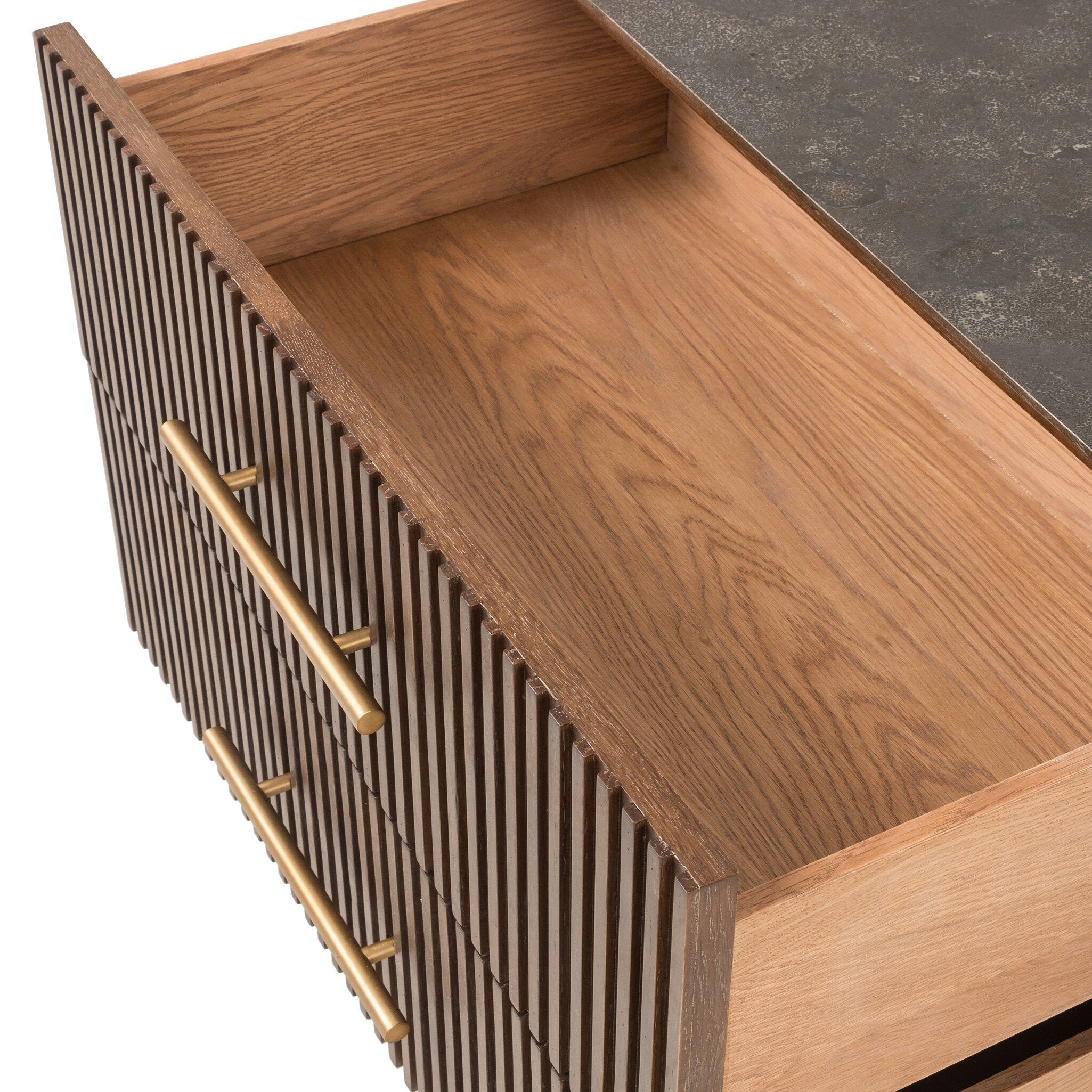 Four Hands Fletcher Large Nightstand — Terra Brown Oak-Bluestone-Brushed Gunmetal