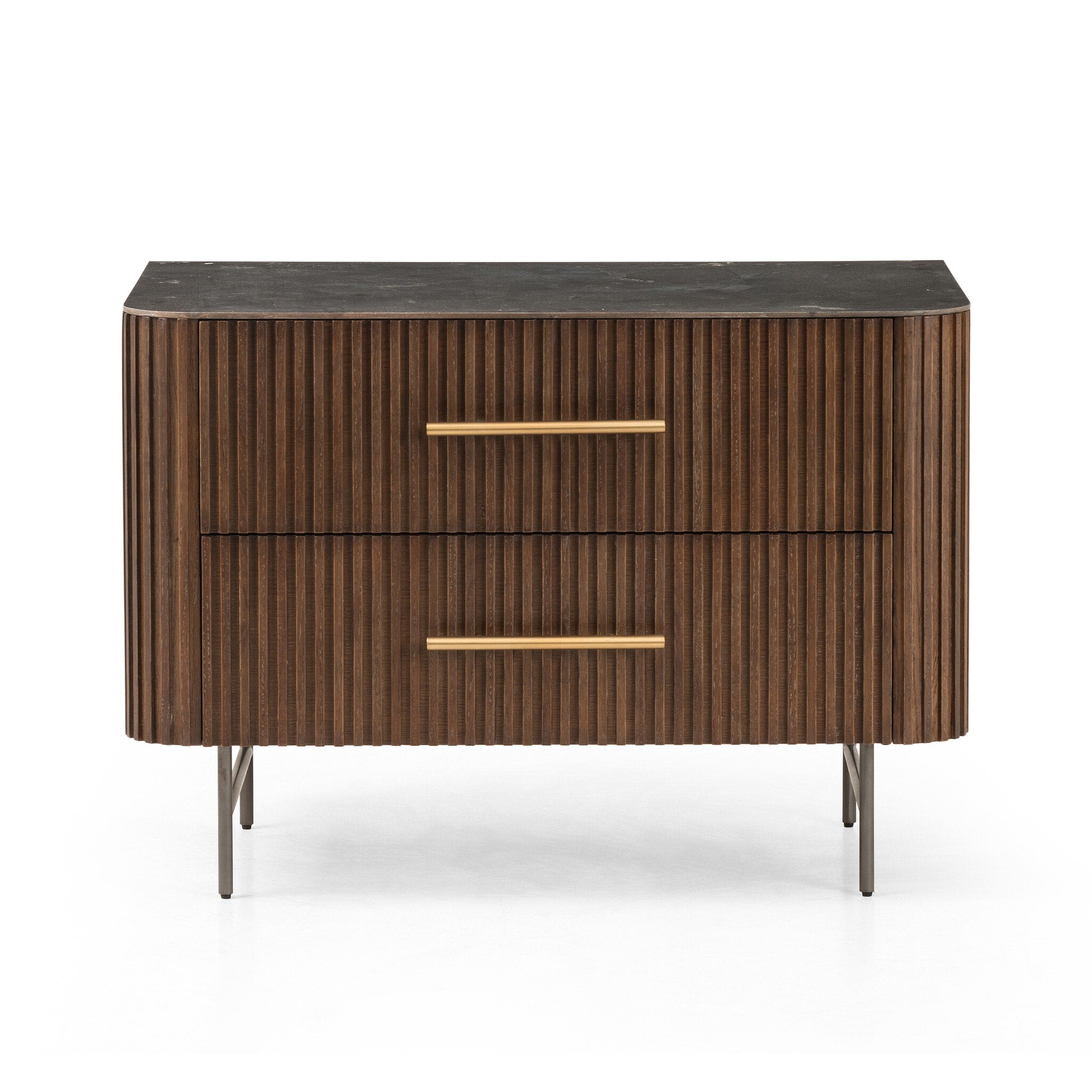 Four Hands Fletcher Large Nightstand — Terra Brown Oak-Bluestone-Brushed Gunmetal