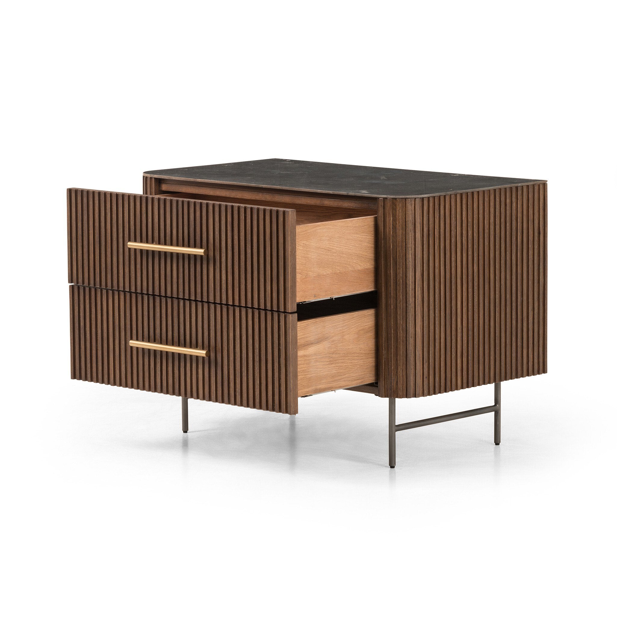 Four Hands Fletcher Large Nightstand — Terra Brown Oak-Bluestone-Brushed Gunmetal