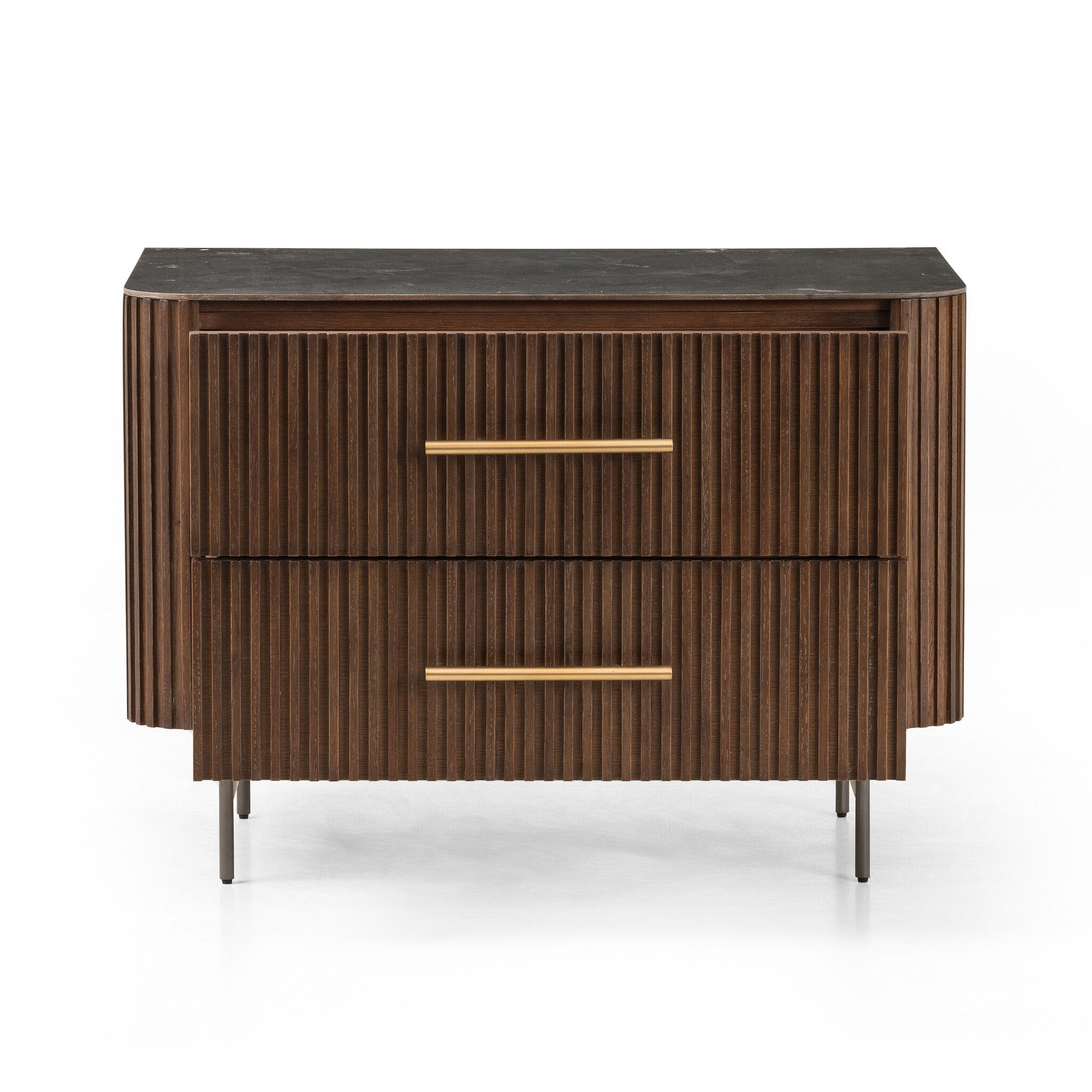Four Hands Fletcher Large Nightstand — Terra Brown Oak-Bluestone-Brushed Gunmetal