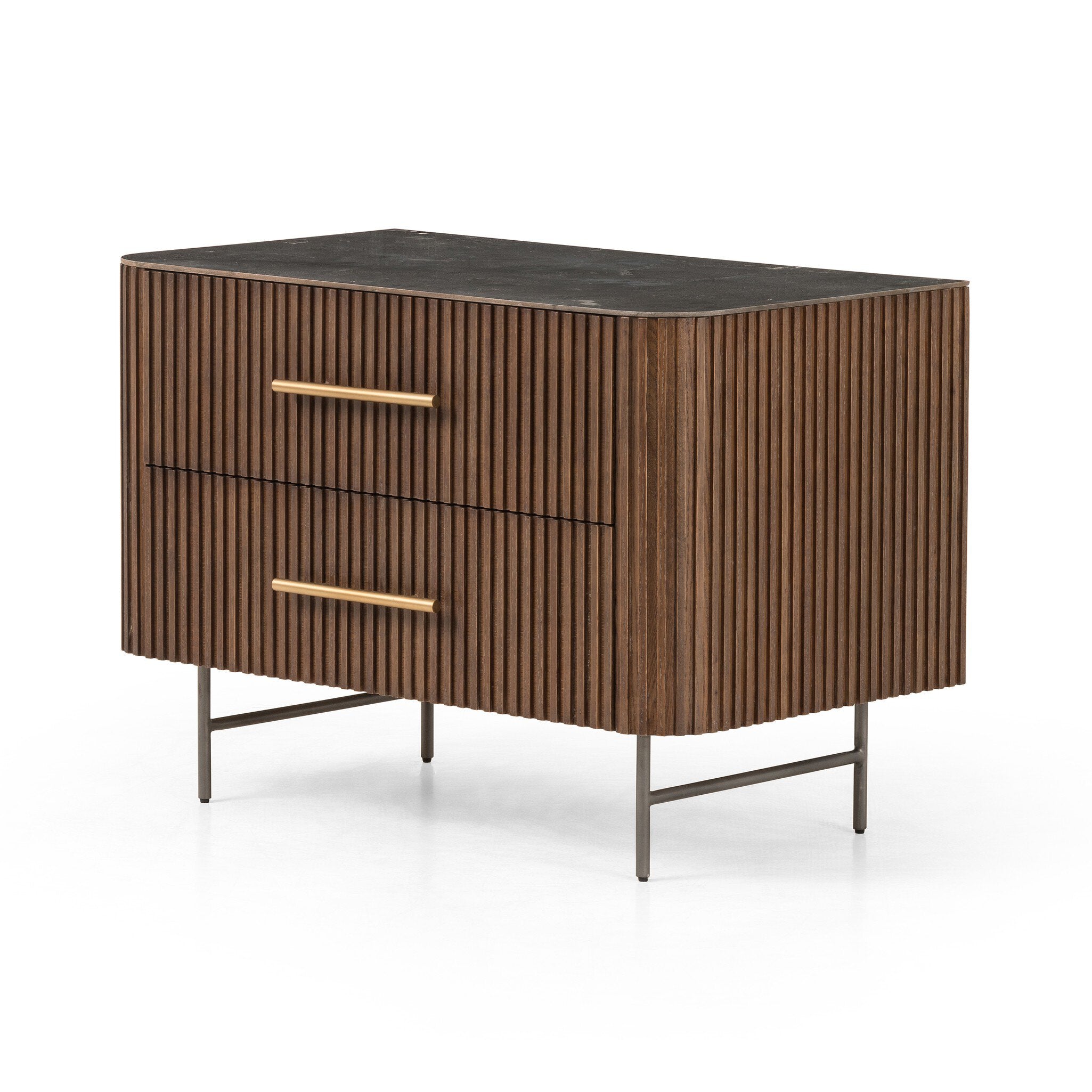 Four Hands Fletcher Large Nightstand — Terra Brown Oak-Bluestone-Brushed Gunmetal