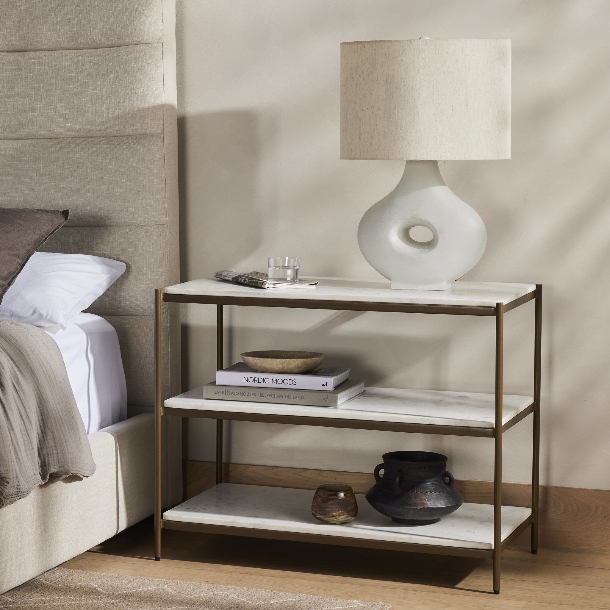 Four Hands Felix Large Nightstand — Antique Brass-Polished White Marble