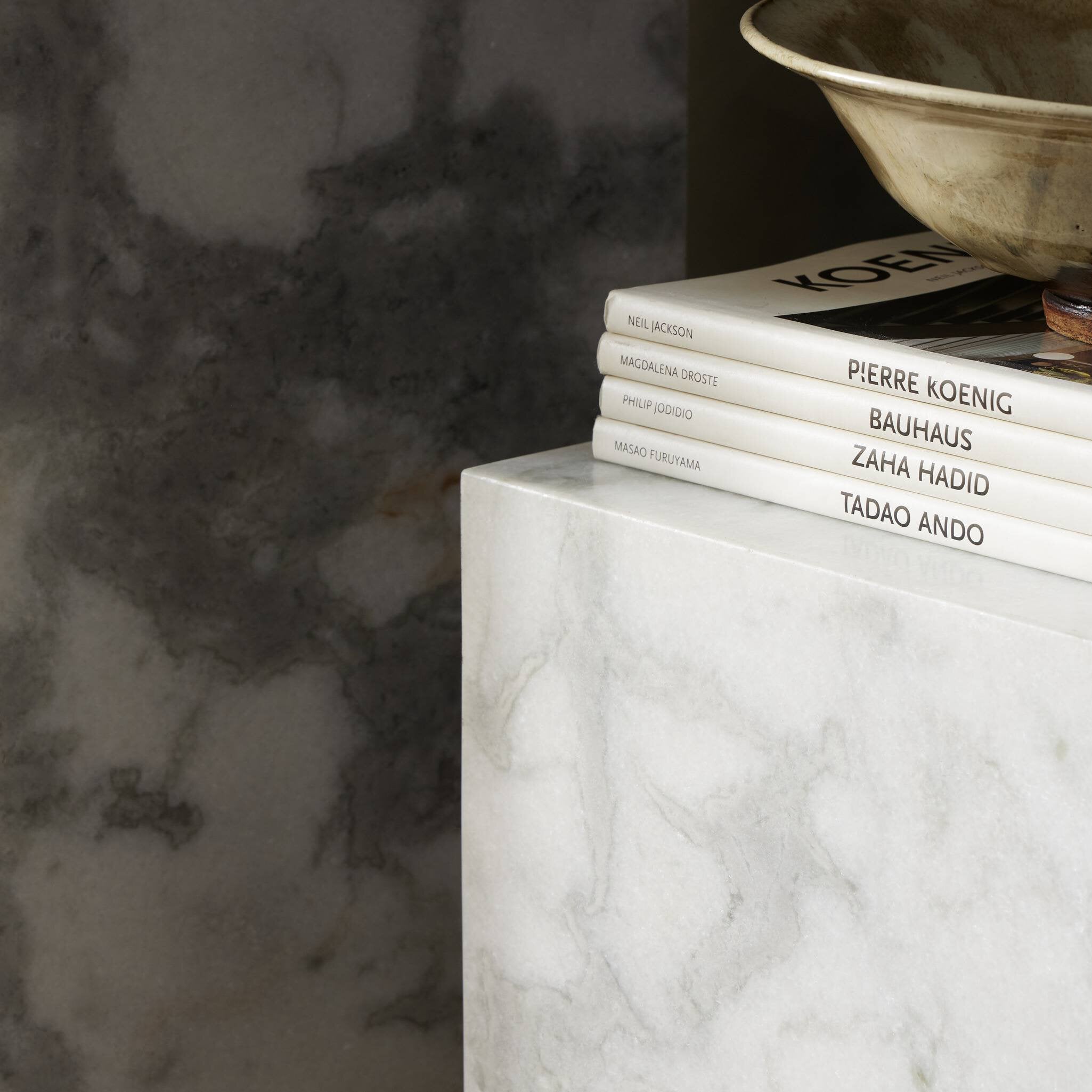 Four Hands Modern Marble Pedestal — White & Grey Speckled Marble