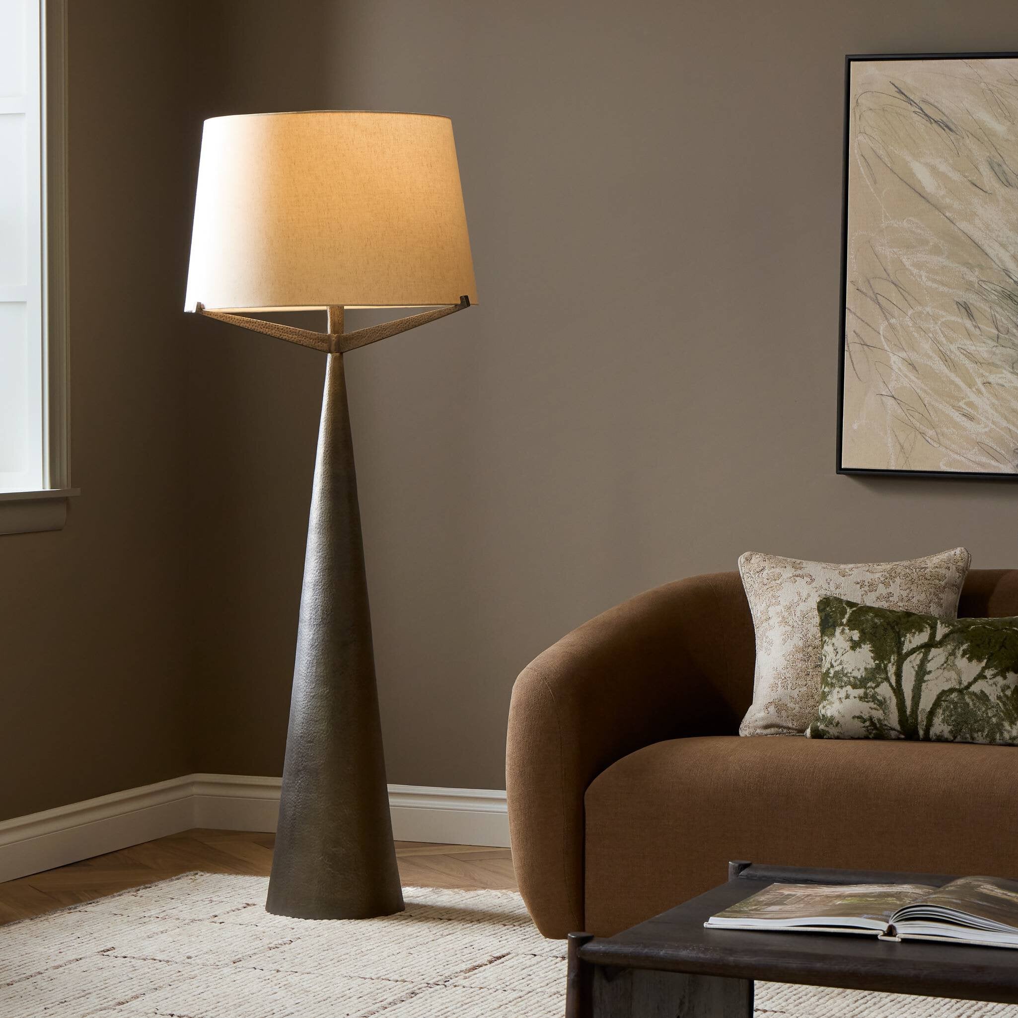 Four Hands Ziggy Floor Lamp — Hammered Smoked Nickel-Light Beige-Black Cord