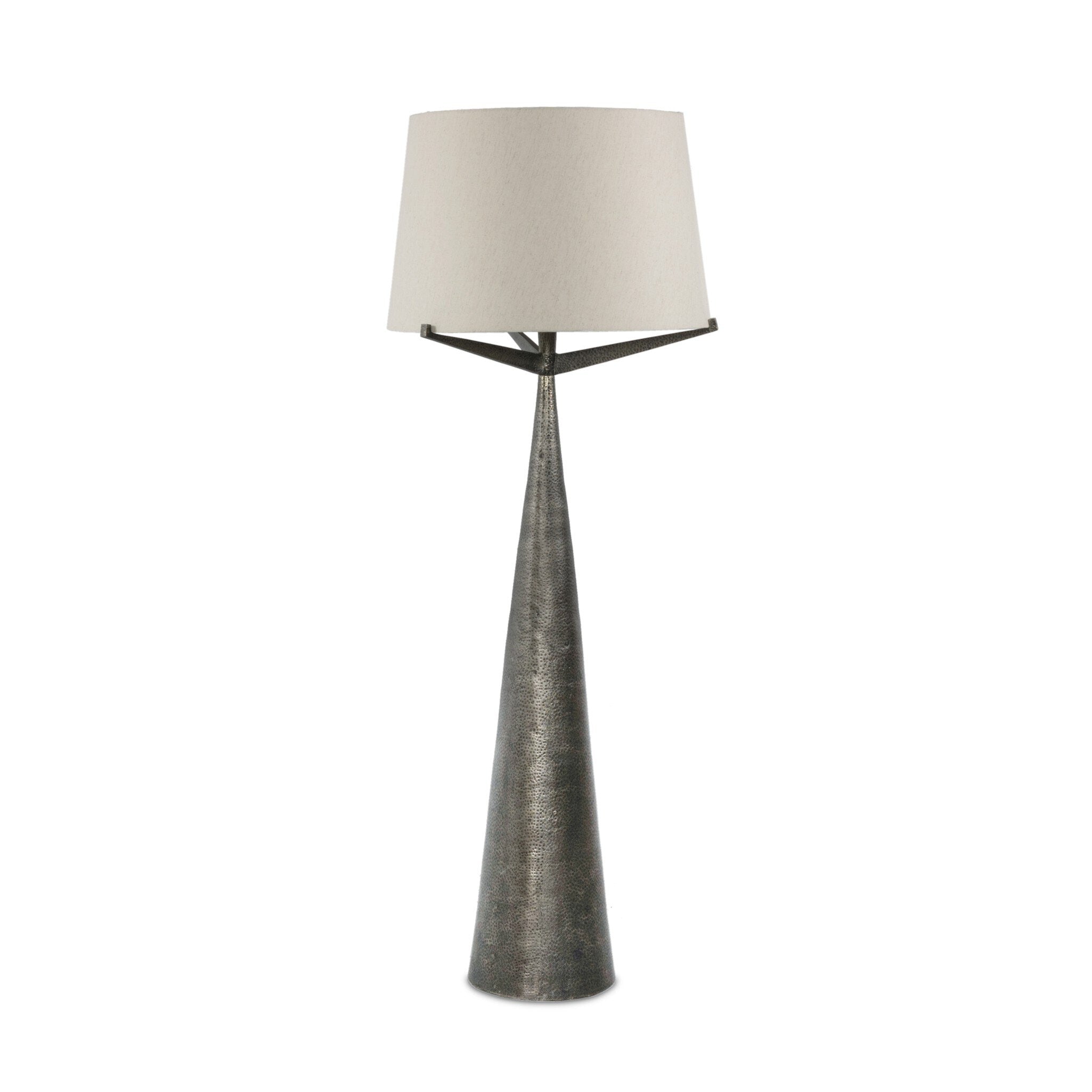 Four Hands Ziggy Floor Lamp — Hammered Smoked Nickel-Light Beige-Black Cord