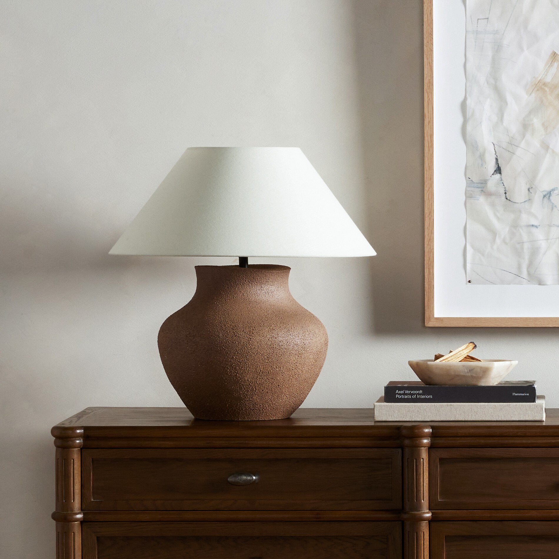 Four Hands Parma Table Lamp — Textured Dark Sand Porcelain-Ivory Linen