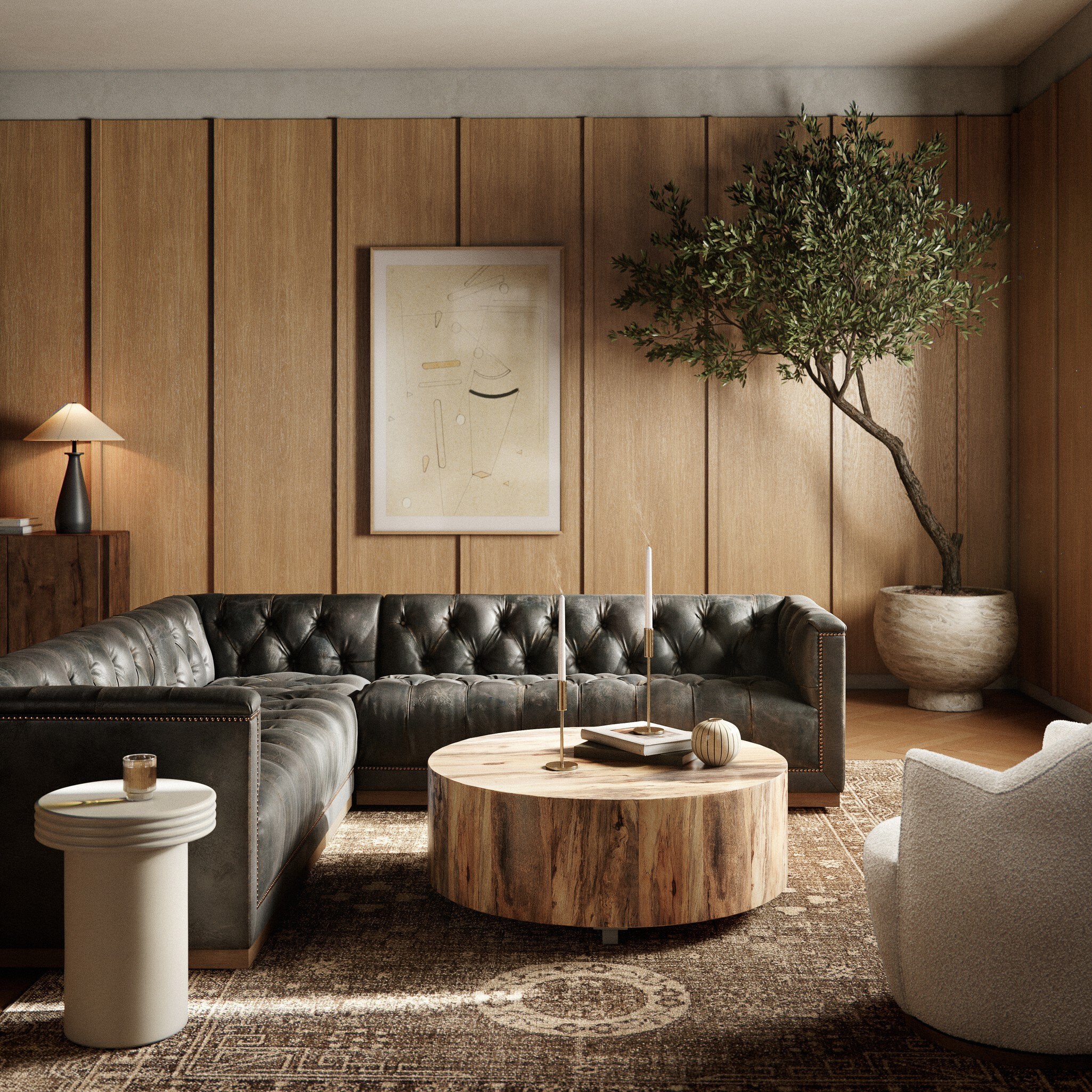 Four Hands Maxx 3-Piece Sectional — Destroyed Black-Whitewash-Aged Bronze Nailhead