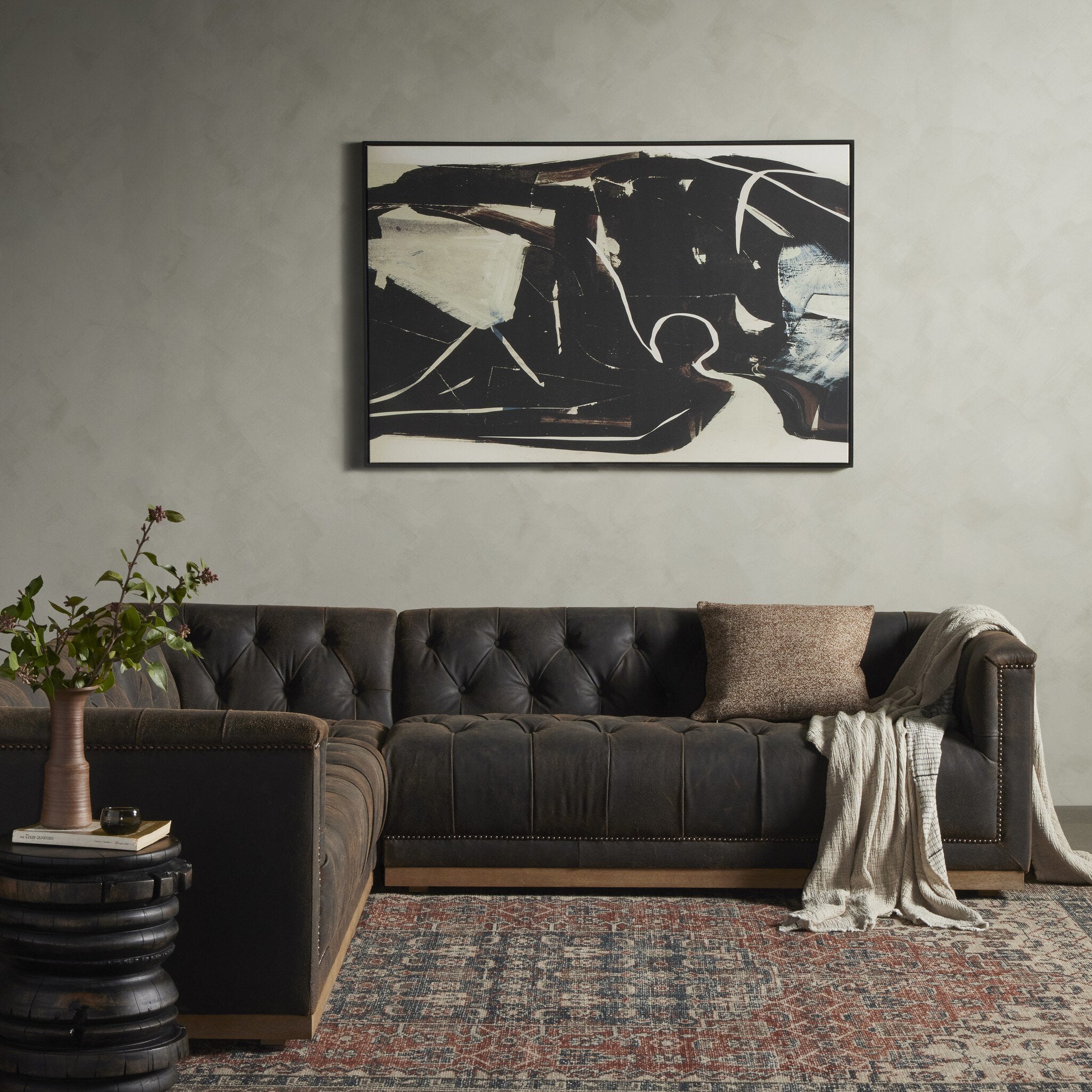 Four Hands Maxx 3-Piece Sectional — Destroyed Black-Whitewash-Aged Bronze Nailhead