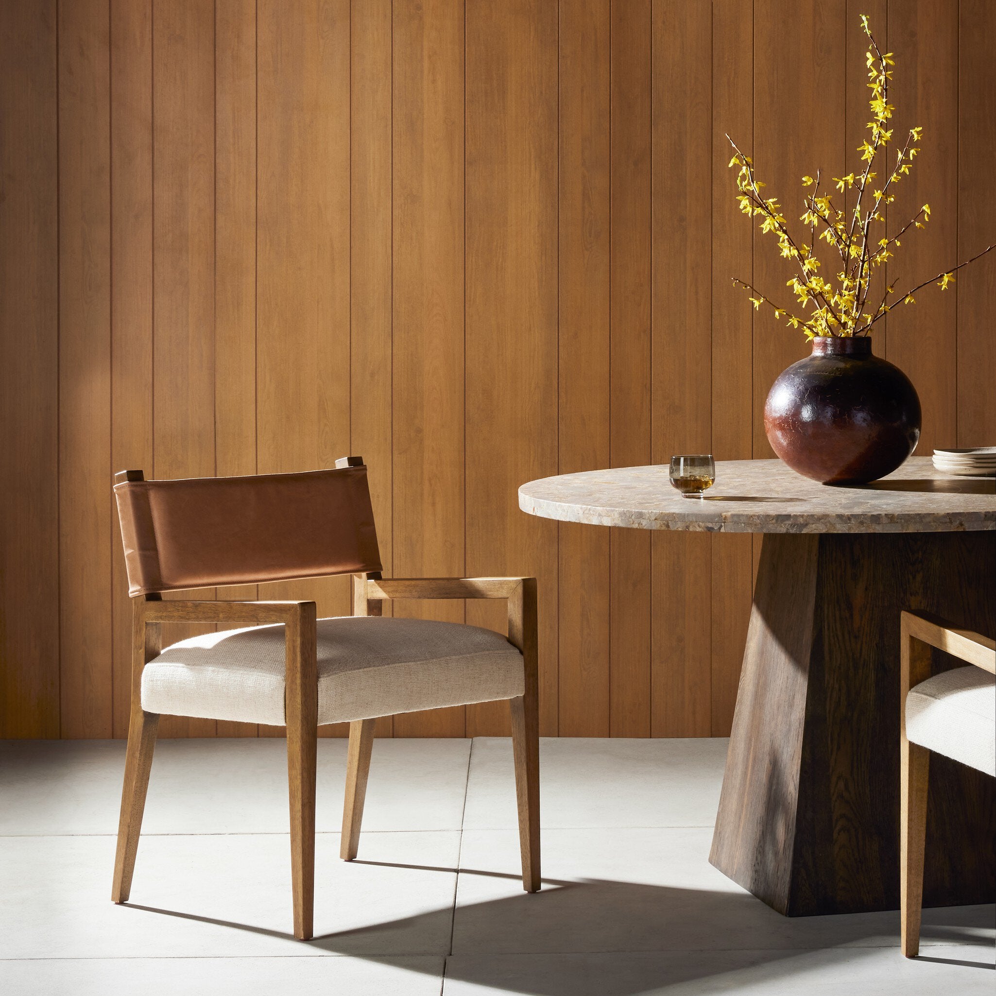 Four Hands Ferris Dining Armchair — Winchester Beige-Thames Cream-Burnished Parawood