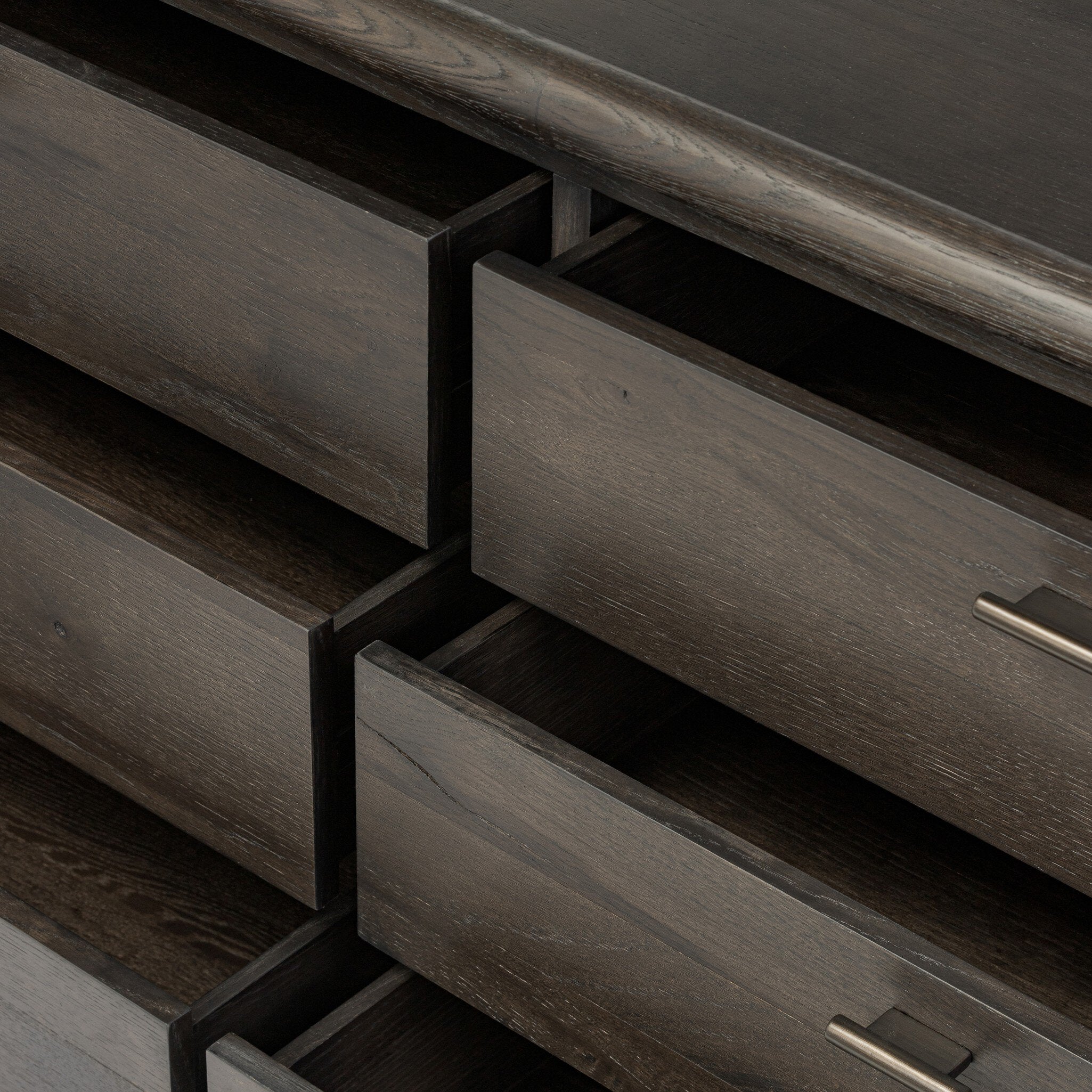 Four Hands Glenview 6 Drawer Dresser — Smoked Black Oak-Smoked Black Resawn Oak-Aged Bronze