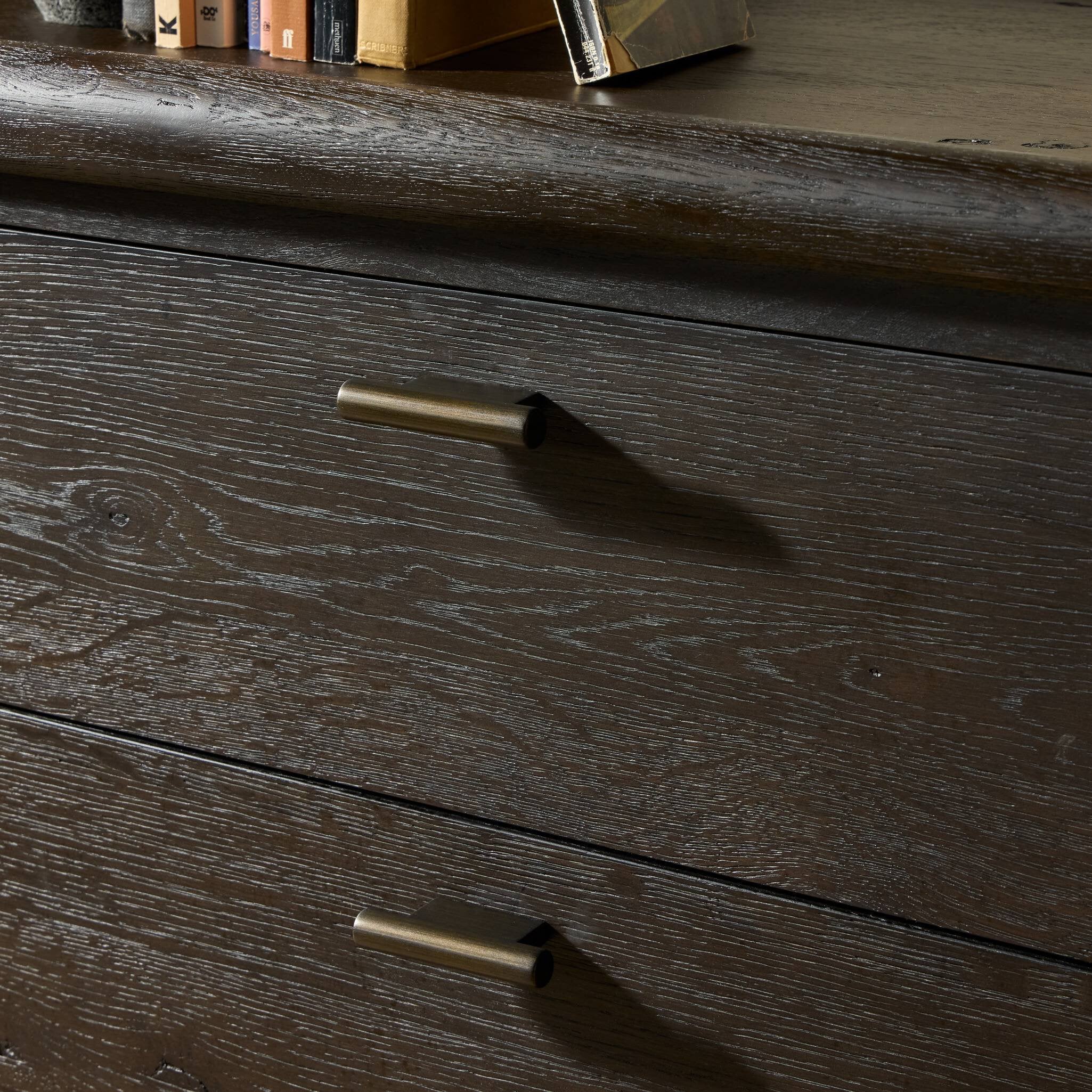 Four Hands Glenview 6 Drawer Dresser — Smoked Black Oak-Smoked Black Resawn Oak-Aged Bronze