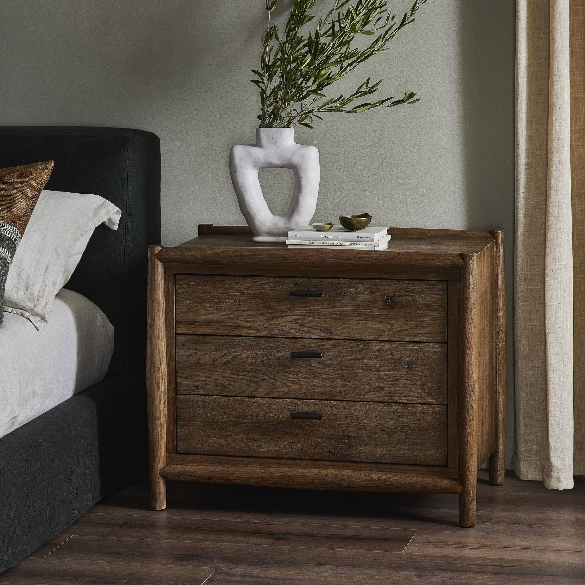 Four Hands Glenview Nightstand — Weathered Oak-Weathered Oak Veneer-Aged Bronze
