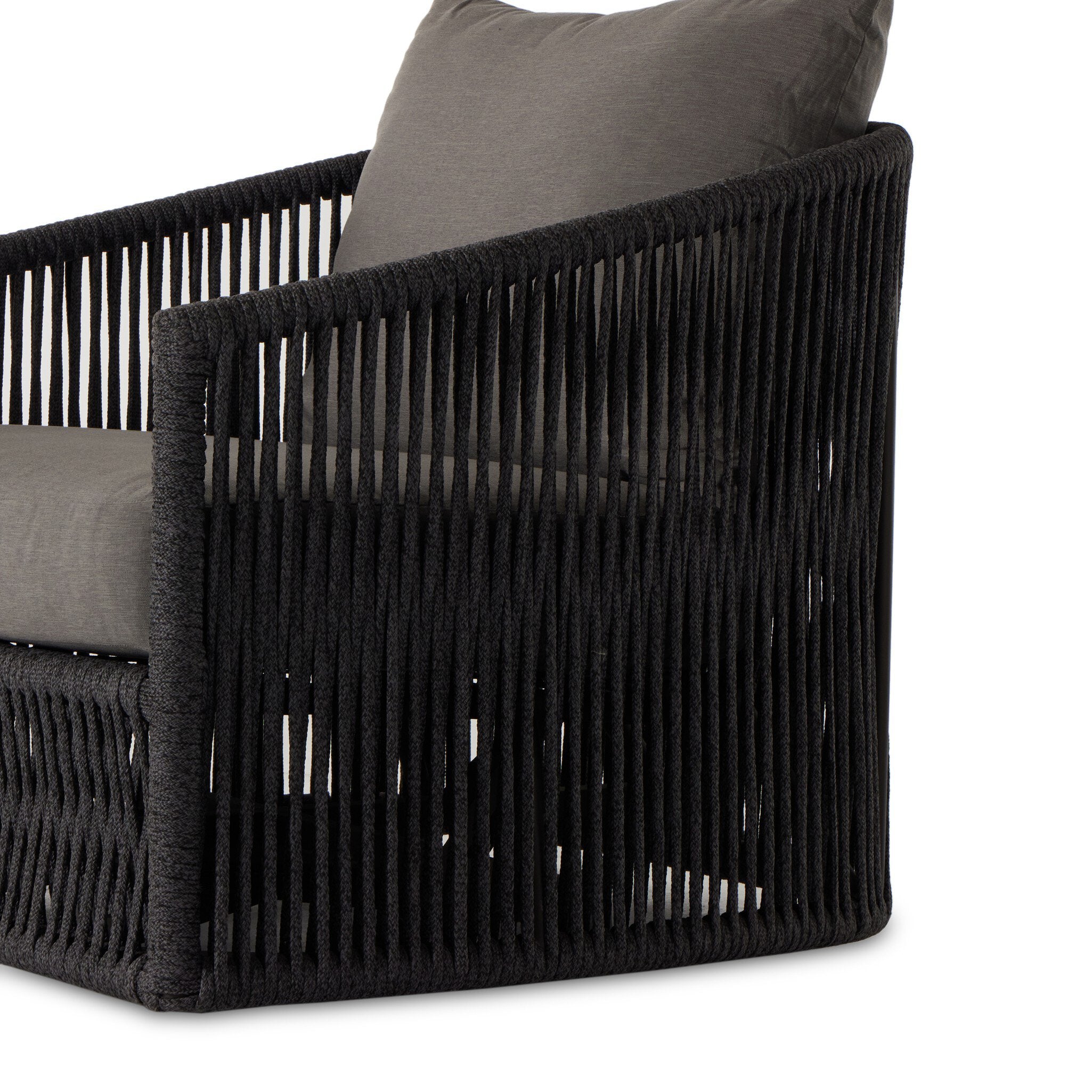 Four Hands Porto Outdoor Swivel Chair — Bronze-Venao Charcoal-Thick Dark Grey Rope