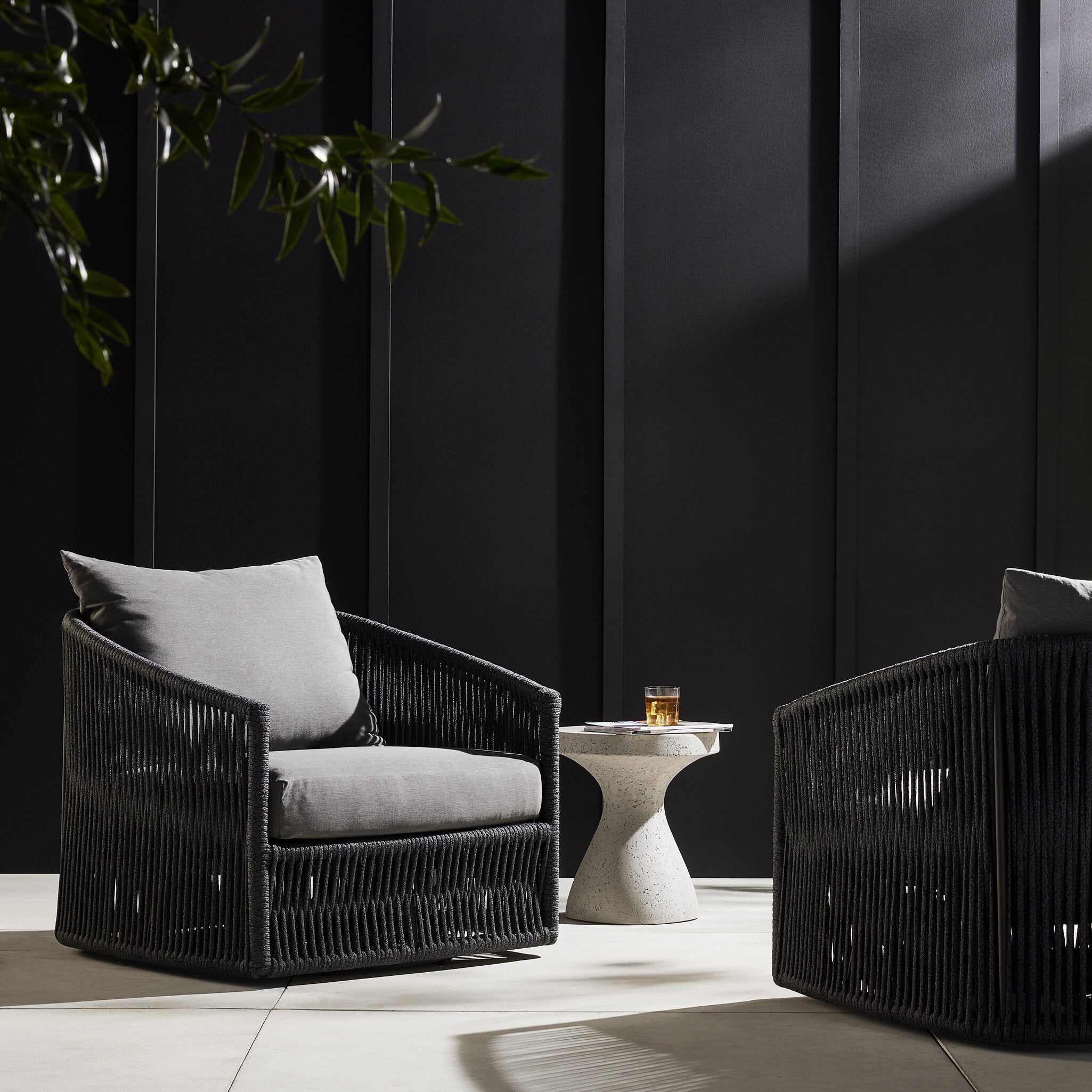 Four Hands Porto Outdoor Swivel Chair — Bronze-Venao Charcoal-Thick Dark Grey Rope