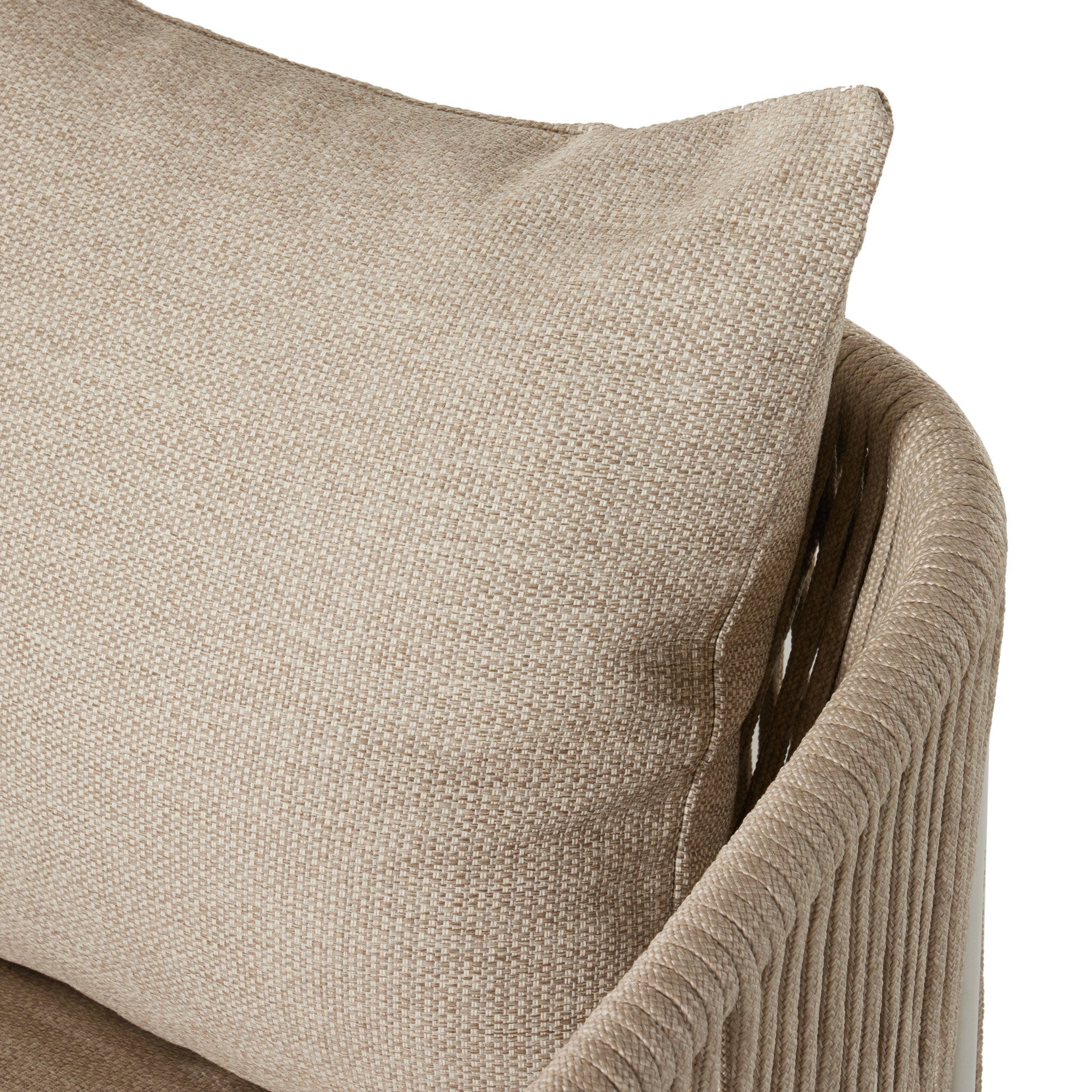 Four Hands Porto Outdoor Swivel Chair — White Aluminum-Faye Sand-Ivory Rope