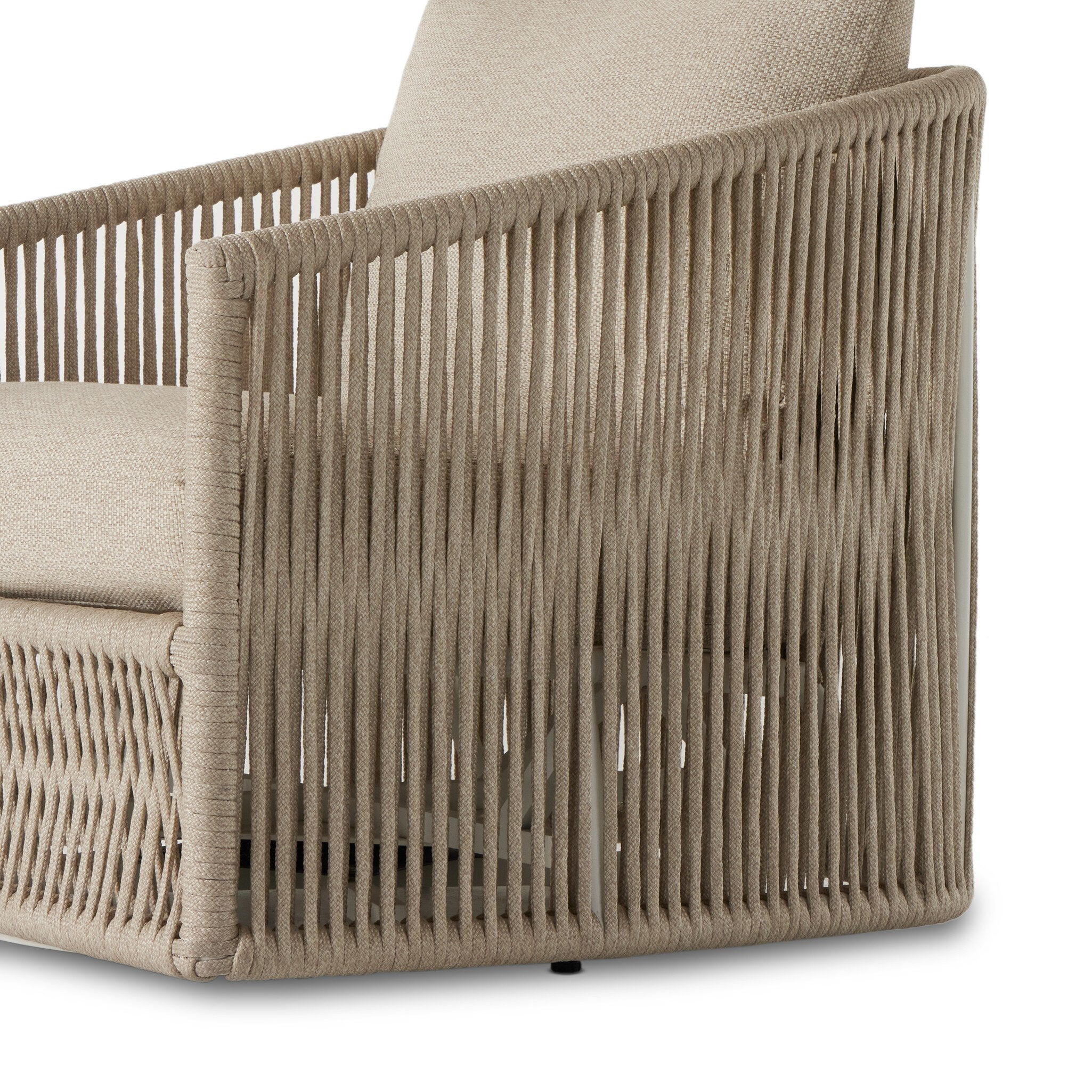 Four Hands Porto Outdoor Swivel Chair — White Aluminum-Faye Sand-Ivory Rope