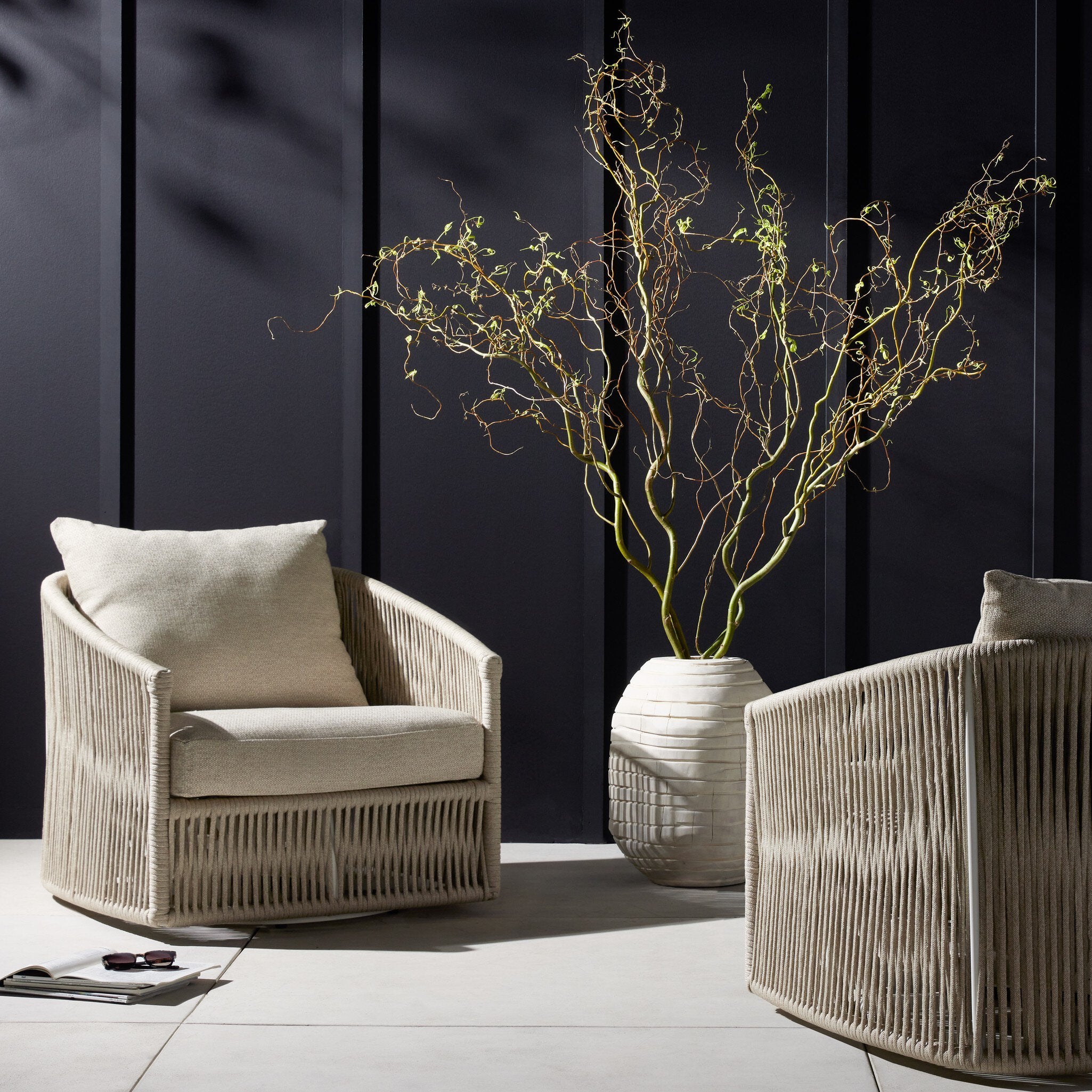 Four Hands Porto Outdoor Swivel Chair — White Aluminum-Faye Sand-Ivory Rope