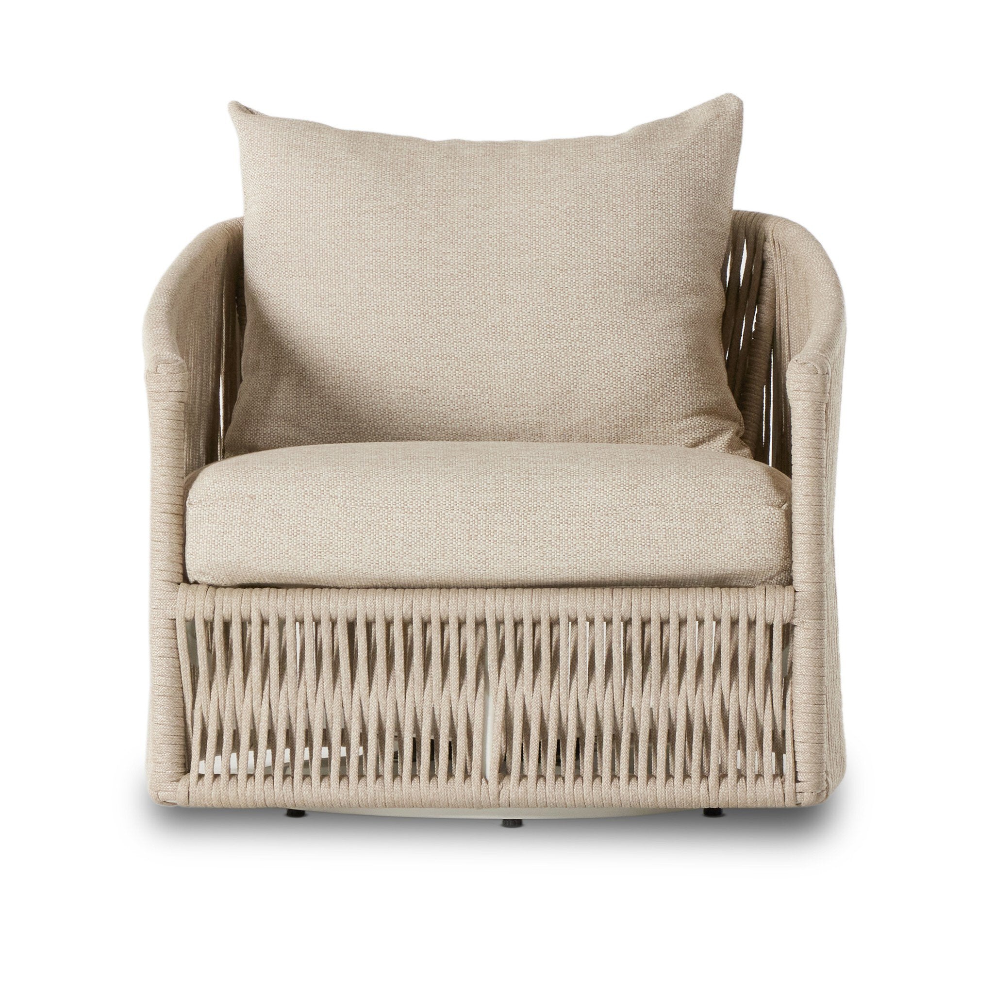 Four Hands Porto Outdoor Swivel Chair — White Aluminum-Faye Sand-Ivory Rope