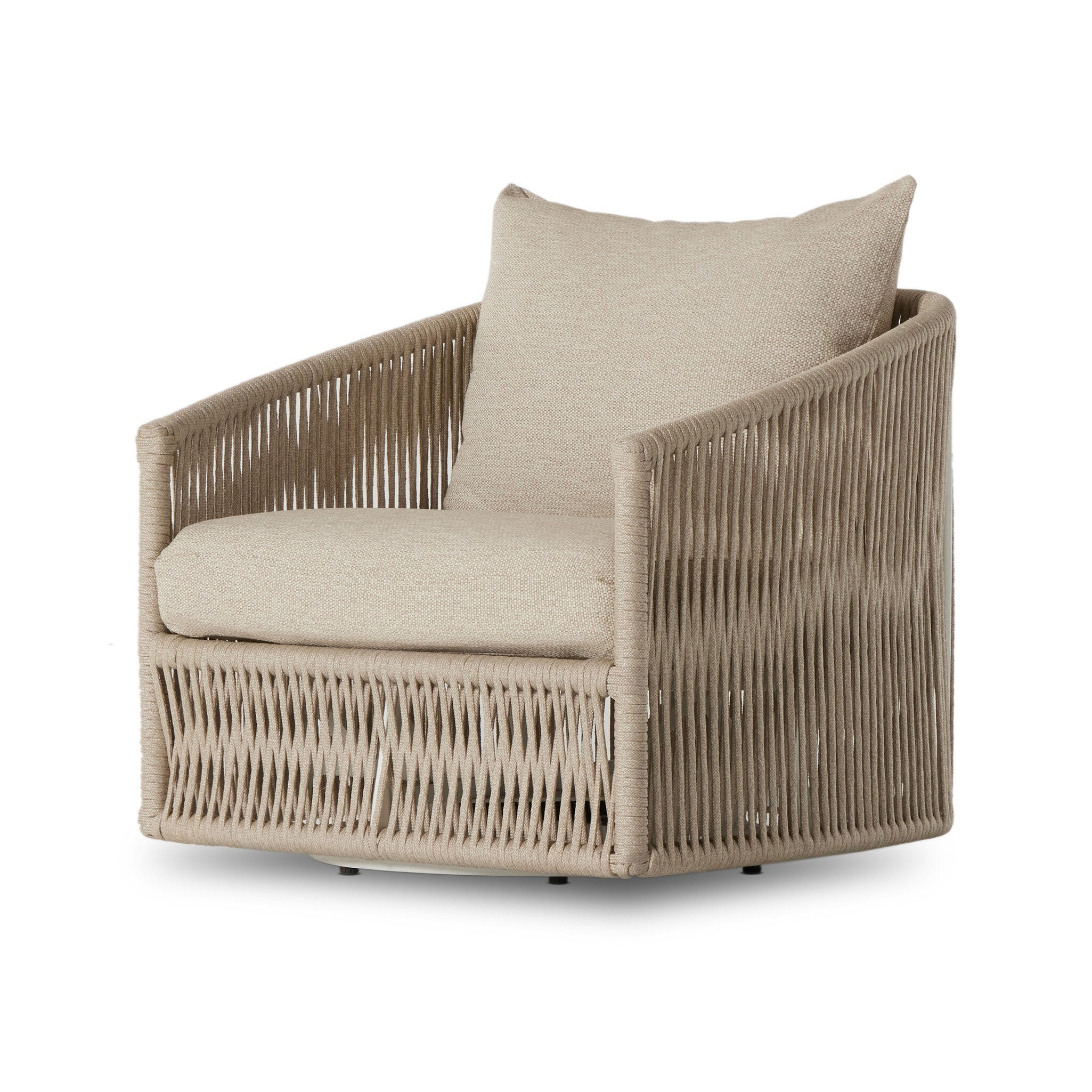 Four Hands Porto Outdoor Swivel Chair — White Aluminum-Faye Sand-Ivory Rope