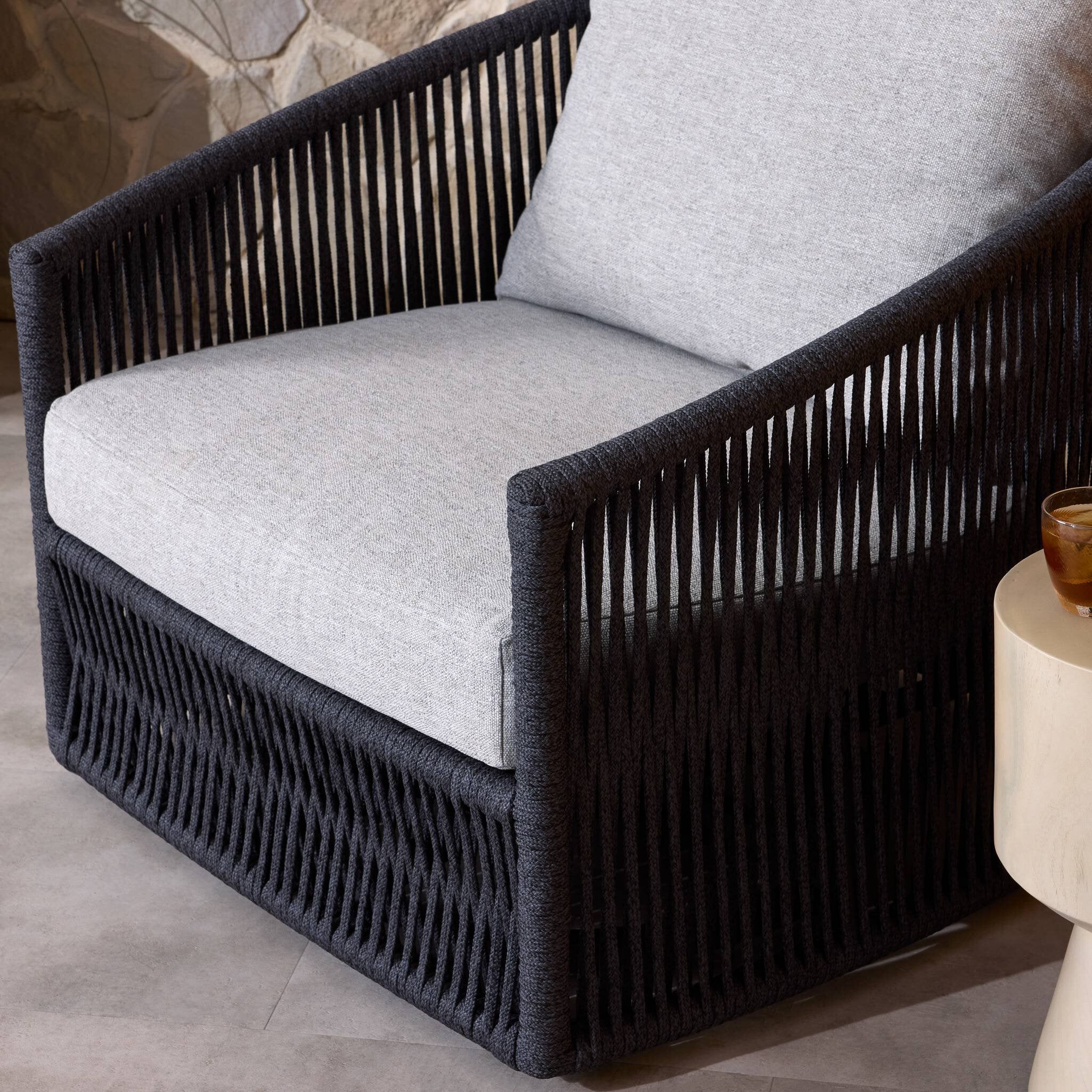 Four Hands Porto Outdoor Swivel Chair — Bronze-Alessi Slate-Thick Dark Grey Rope