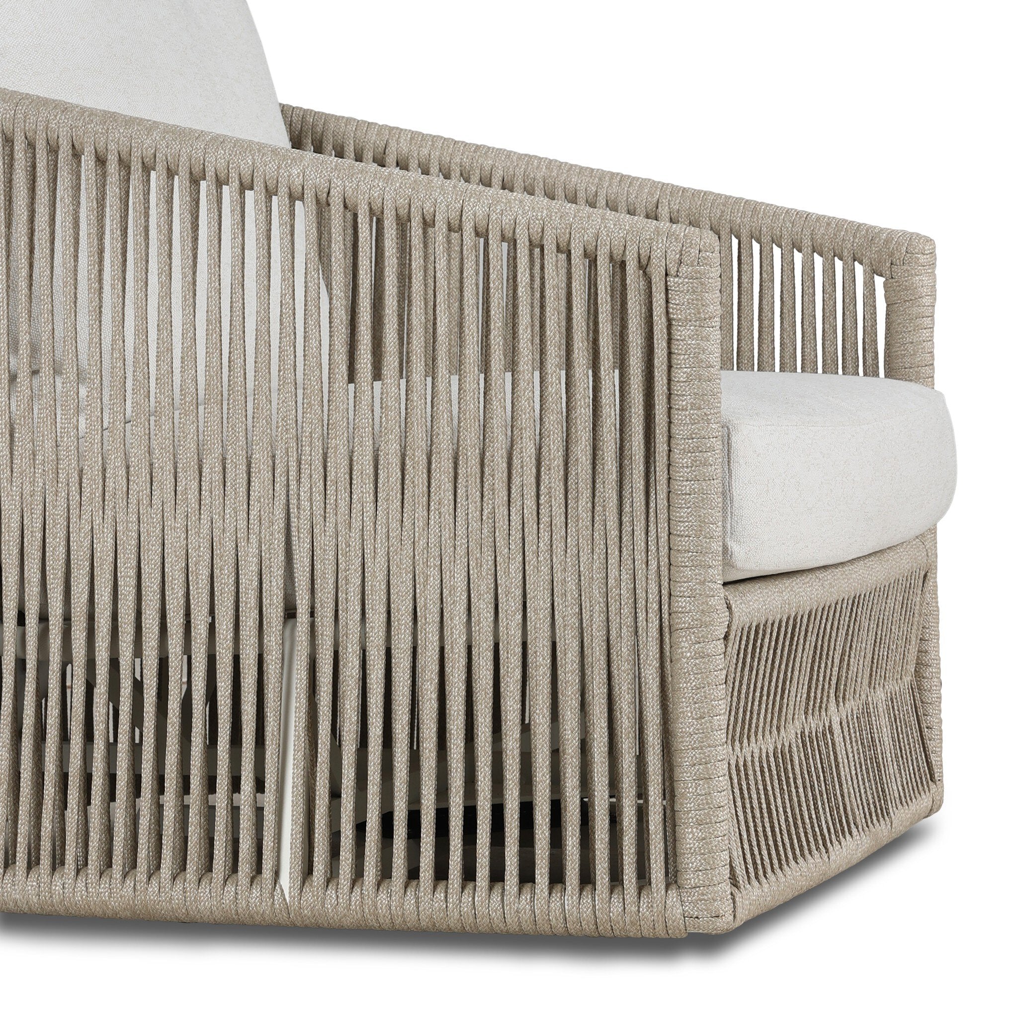 Four Hands Porto Outdoor Swivel Chair — White Aluminum-Alessi Linen-Ivory Rope
