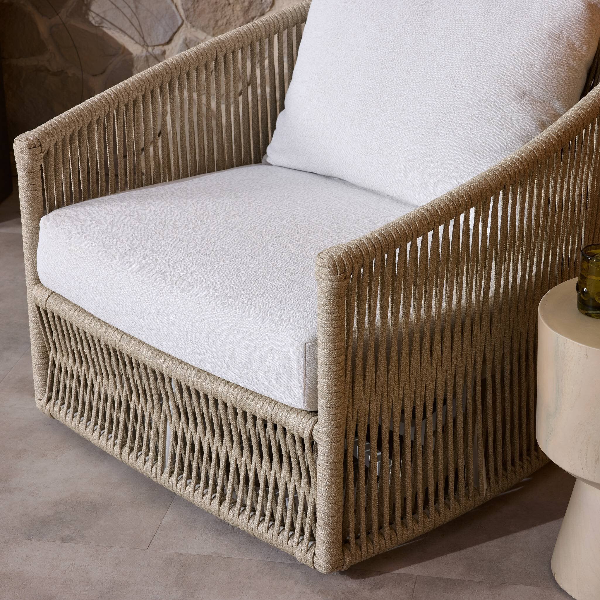 Four Hands Porto Outdoor Swivel Chair — White Aluminum-Alessi Linen-Ivory Rope