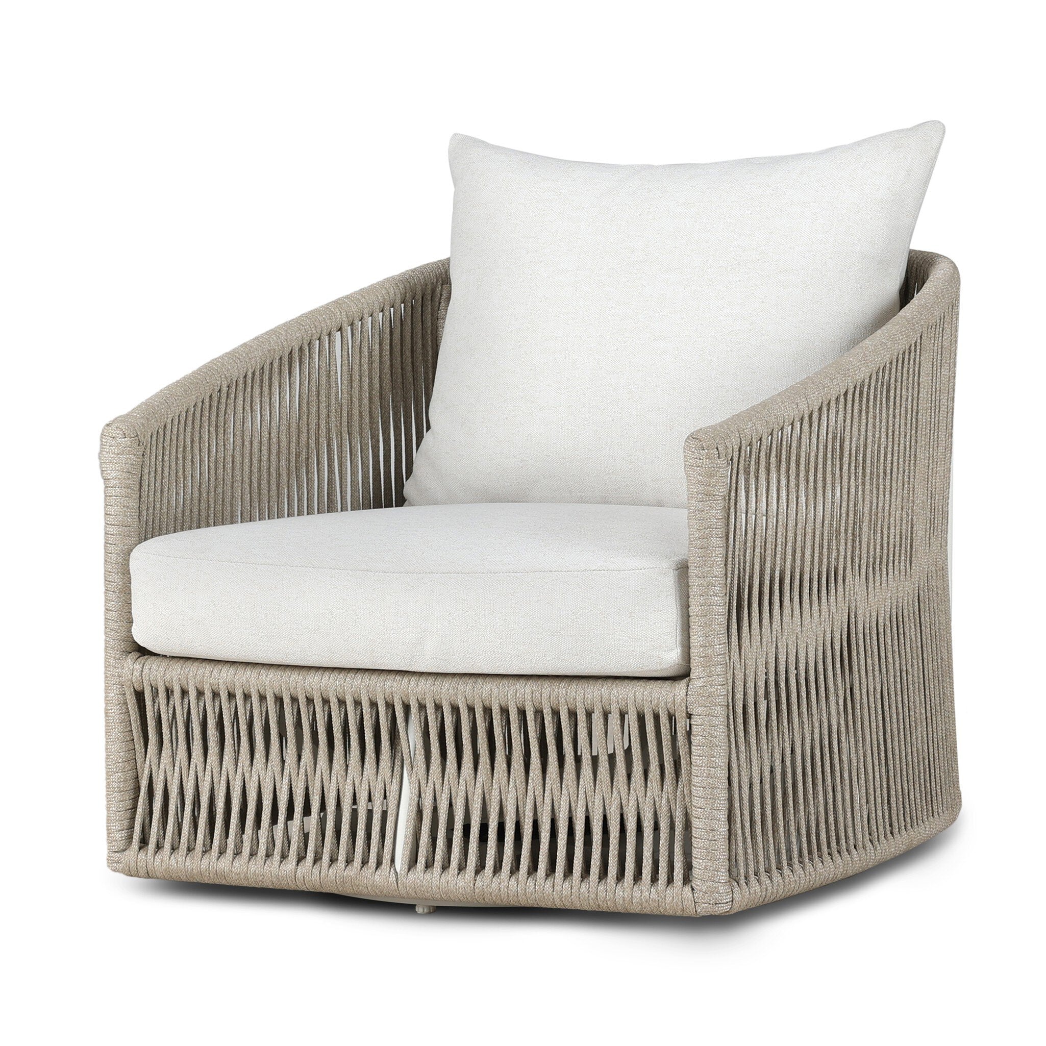 Four Hands Porto Outdoor Swivel Chair — White Aluminum-Alessi Linen-Ivory Rope