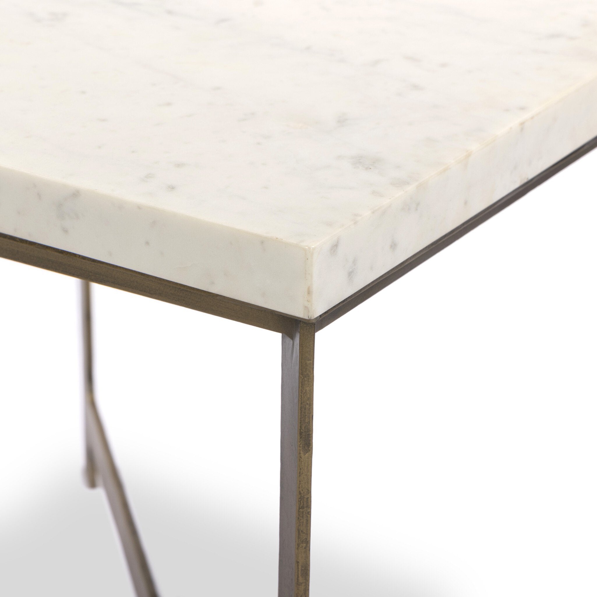 Four Hands Hammered Iron End Table — White Marble-Hammered Antique Brass