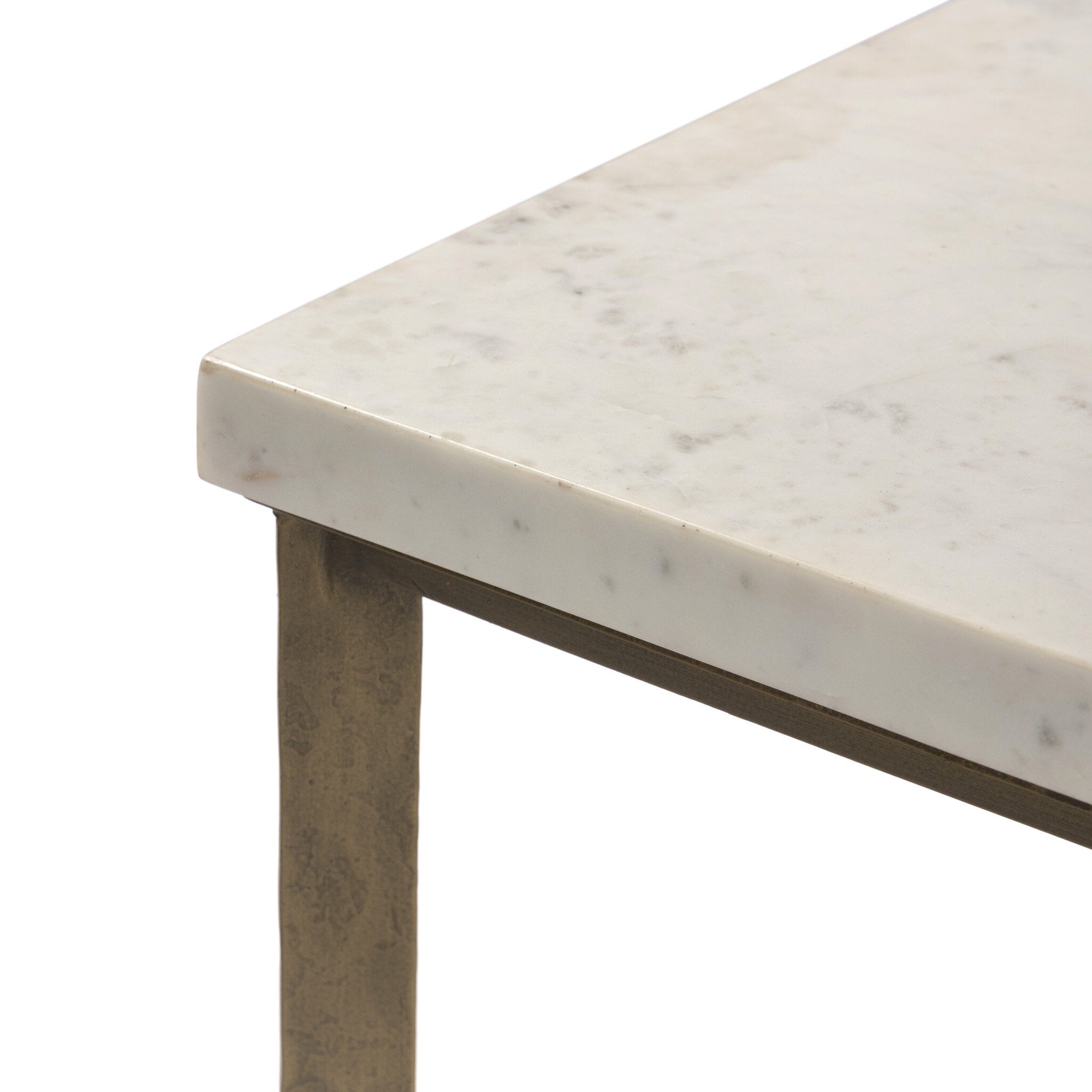 Four Hands Hammered Iron End Table — White Marble-Hammered Antique Brass