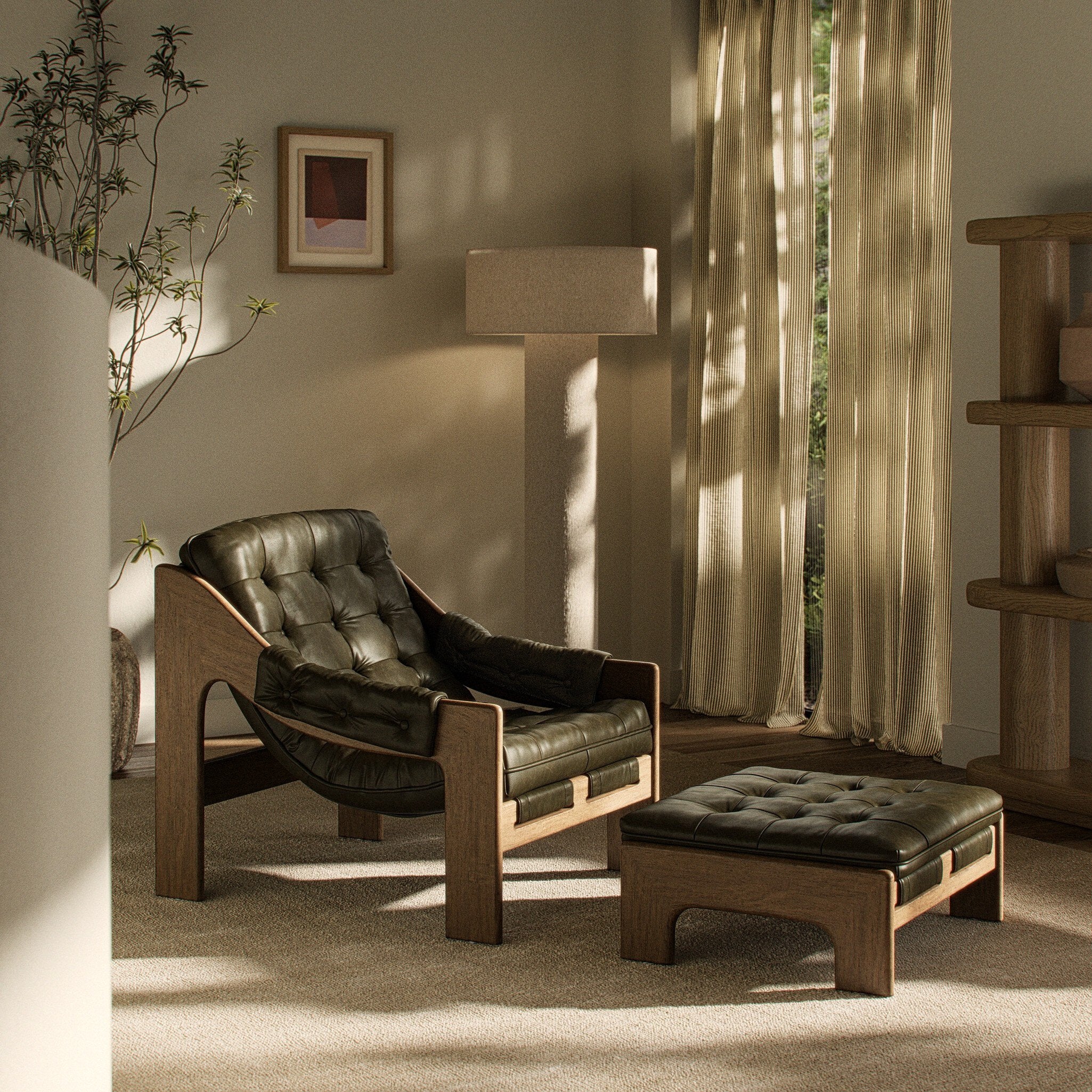 Four Hands Halston Chair With Ottoman — Dulane Moss-Weathered Sepia