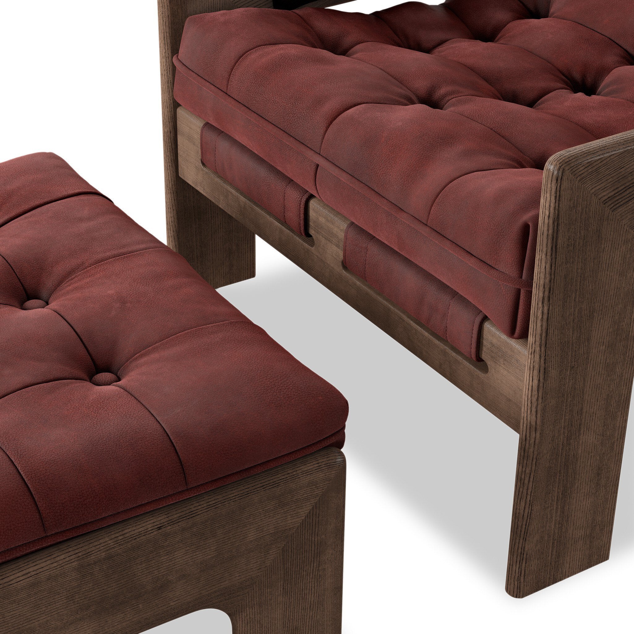 Four Hands Halston Chair With Ottoman — Nubuck Burgundy-Terra Brown Ash