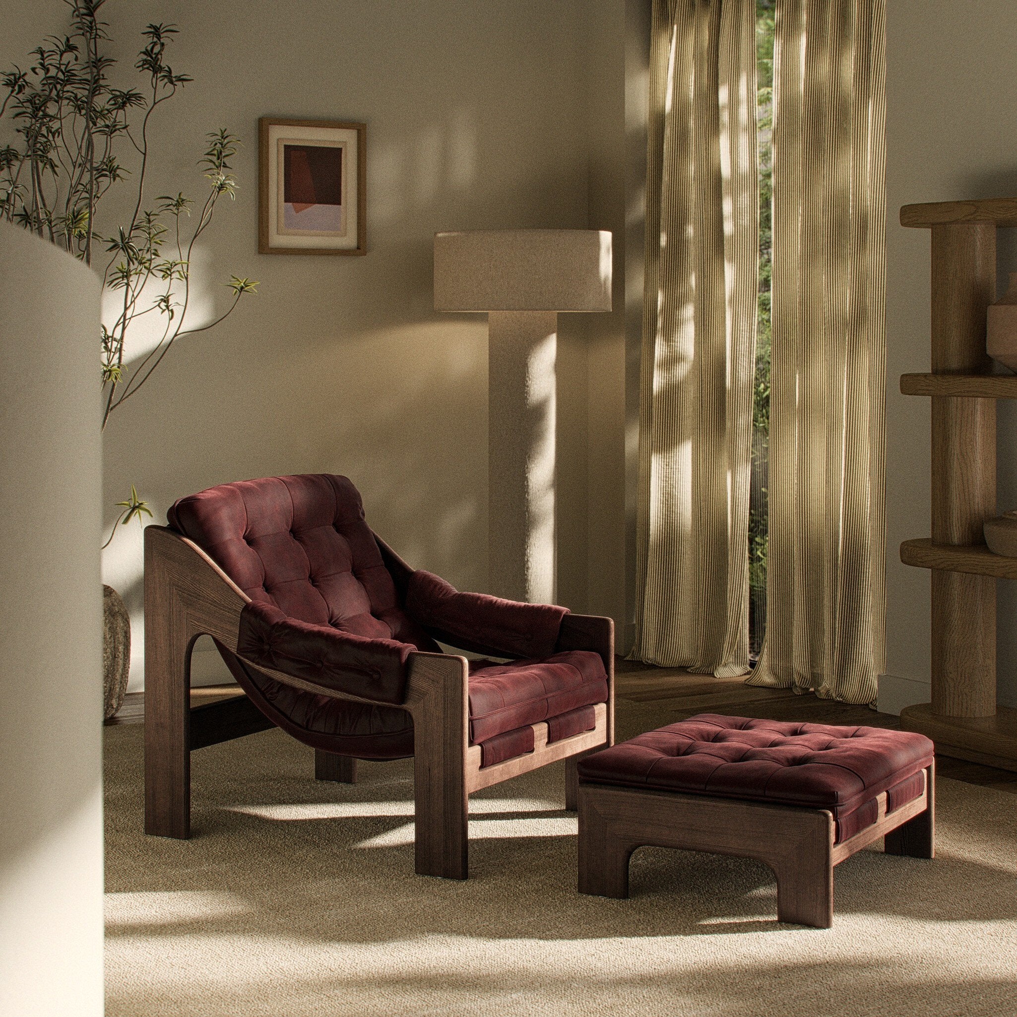Four Hands Halston Chair With Ottoman — Nubuck Burgundy-Terra Brown Ash