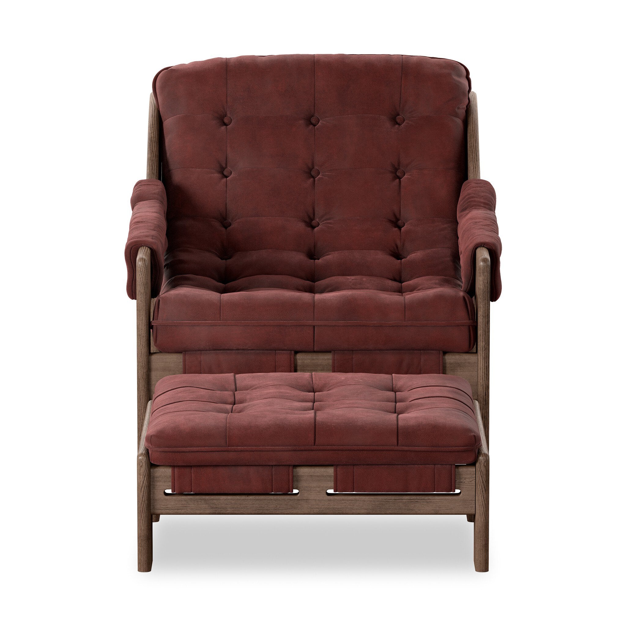 Four Hands Halston Chair With Ottoman — Nubuck Burgundy-Terra Brown Ash